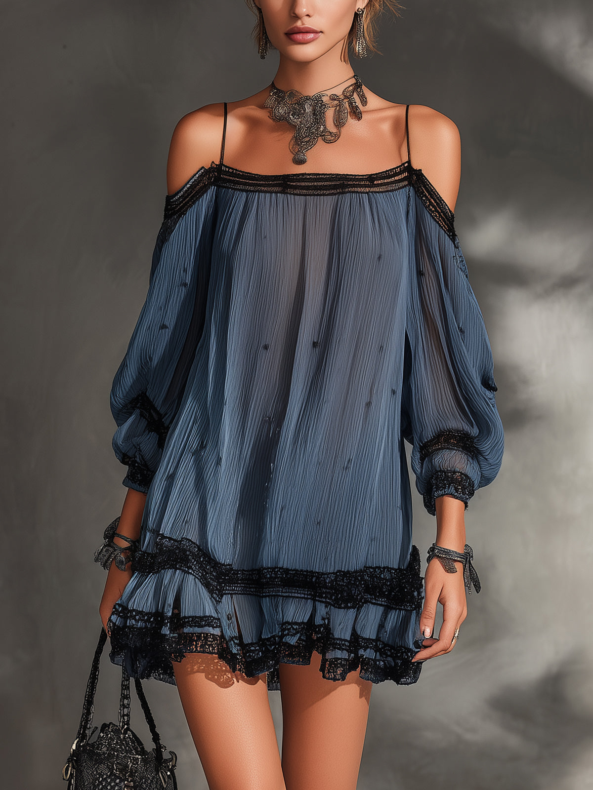 Blue Off-Shoulder Lace Trim Pleated Chiffon Mini Dress