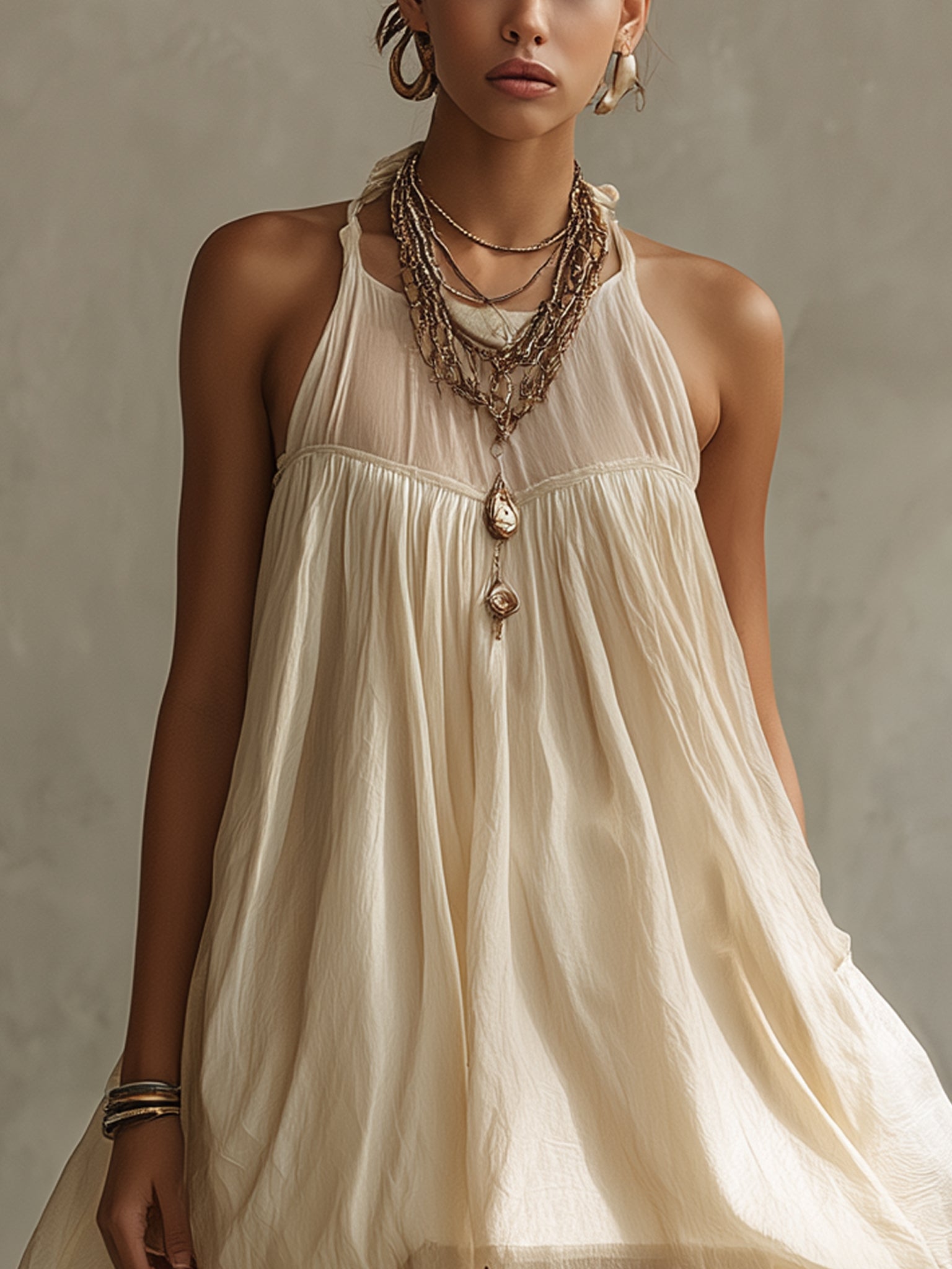 Beige Sleeveless Chiffon Balloon Silhouette Mini Dress