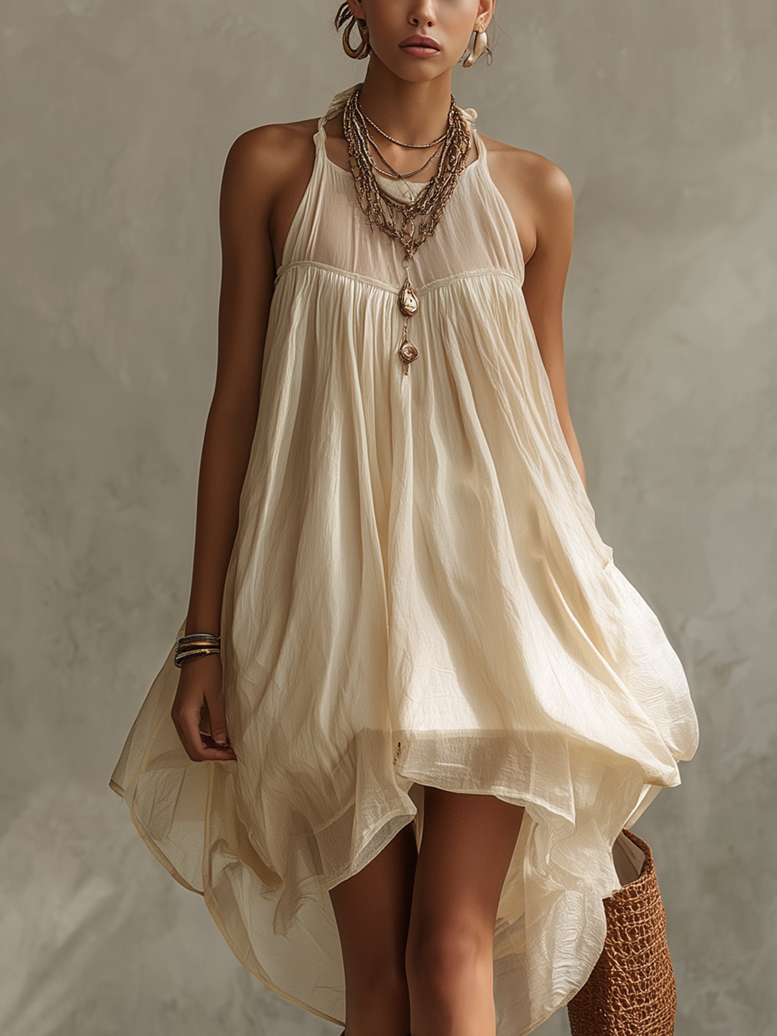 Beige Sleeveless Chiffon Balloon Silhouette Mini Dress
