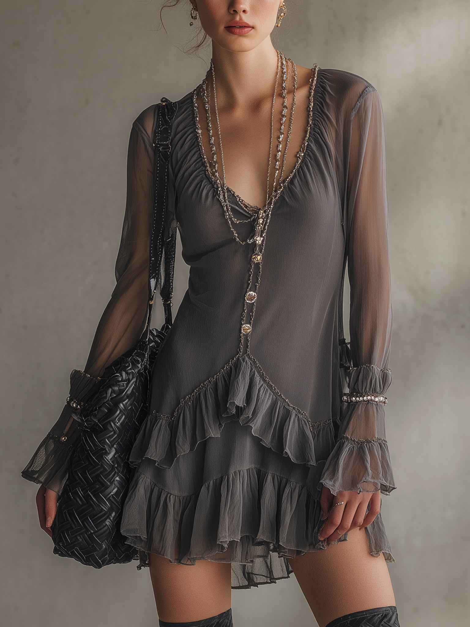 Gray V-Neck Chiffon Long Sleeve Mini Dress