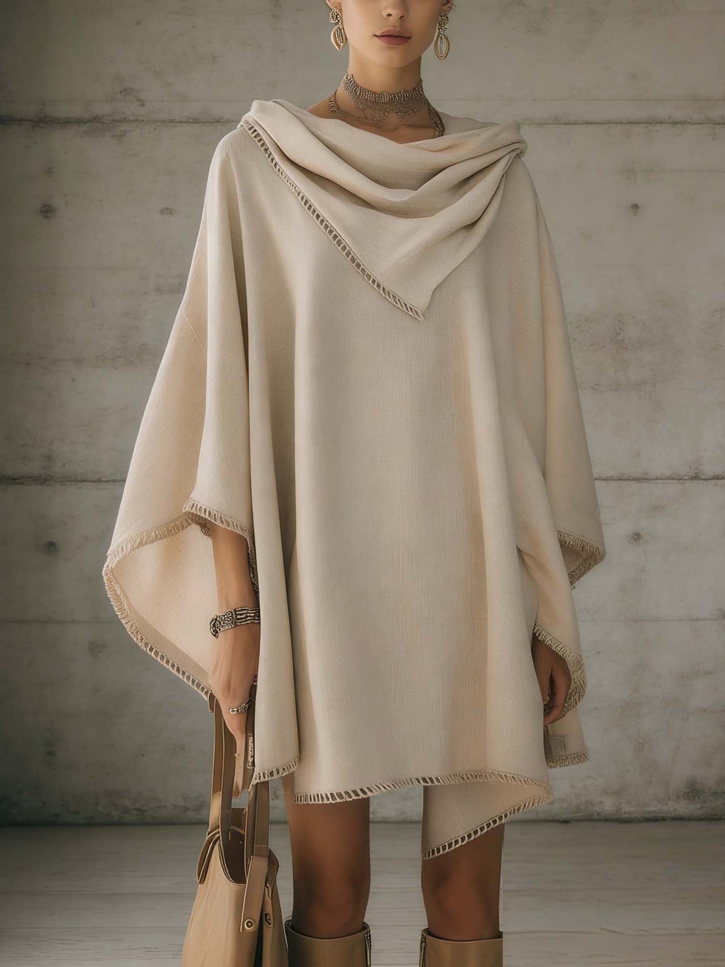Beige Pleated Edge Batwing Sleeve Cotton-Linen Mini Dress