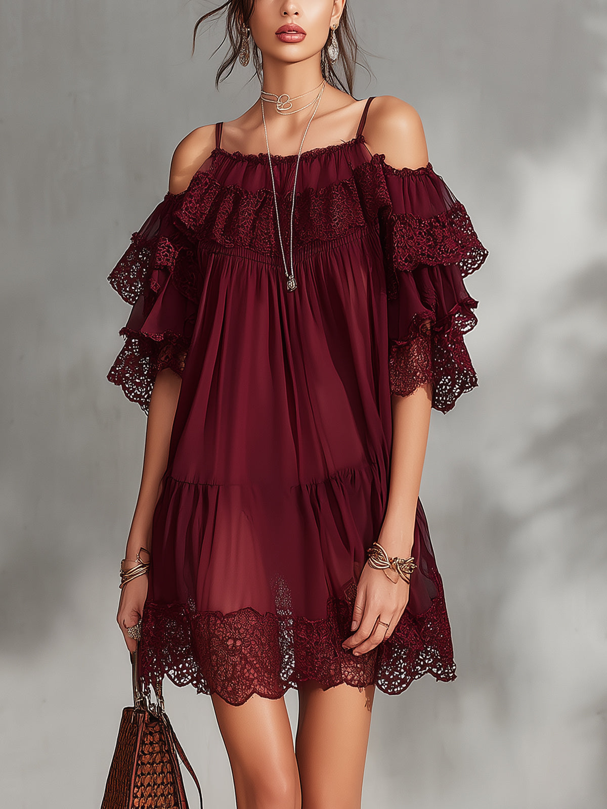 Burgundy Off-Shoulder Ruffled Lace Trim Mini Dress