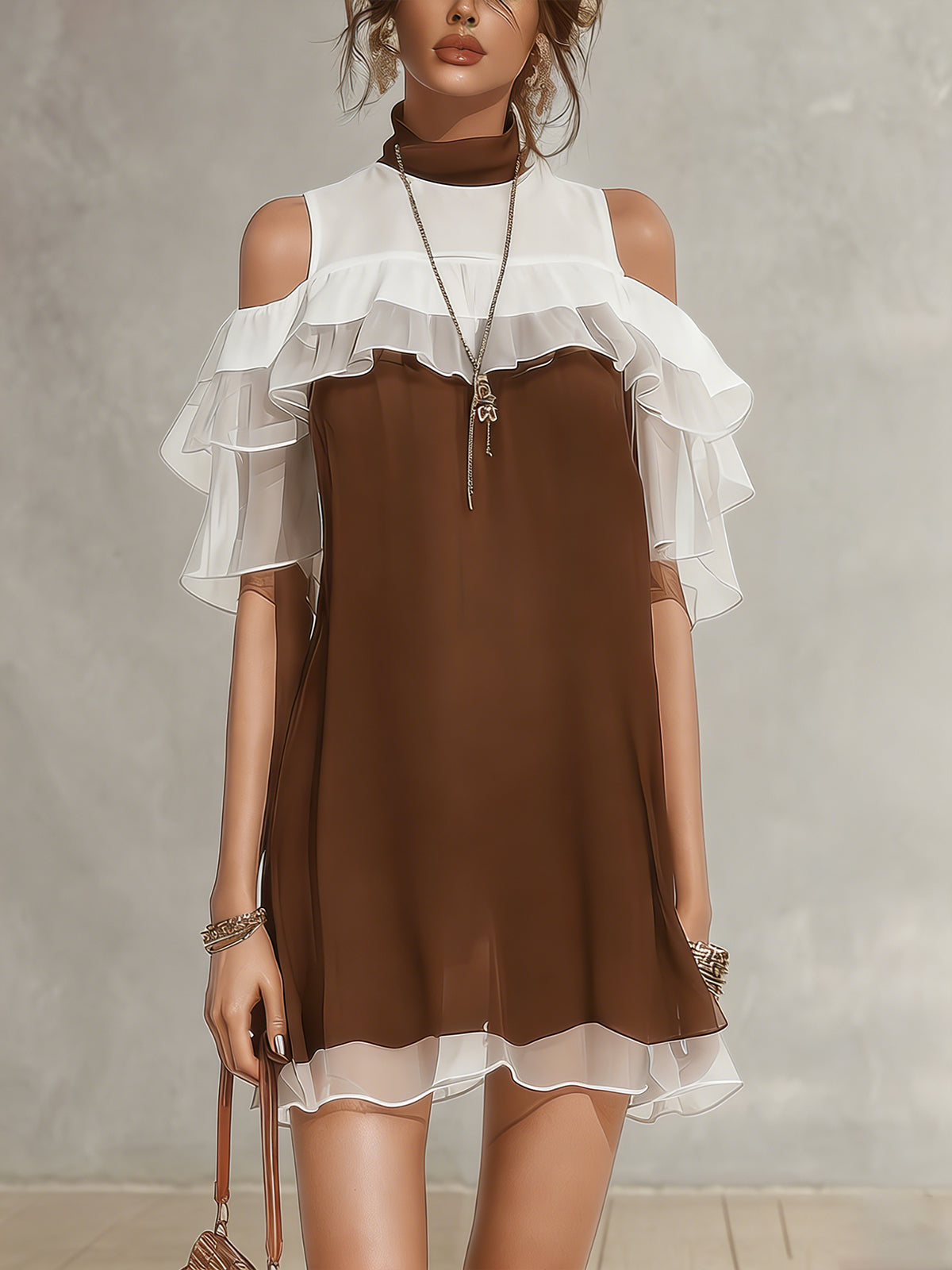 Brown And White Cold-Shoulder Ruffled High-Neck Mini Dress
