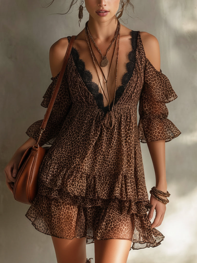 Brown Leopard Chiffon Mini Dress With Black Lace V-Neck