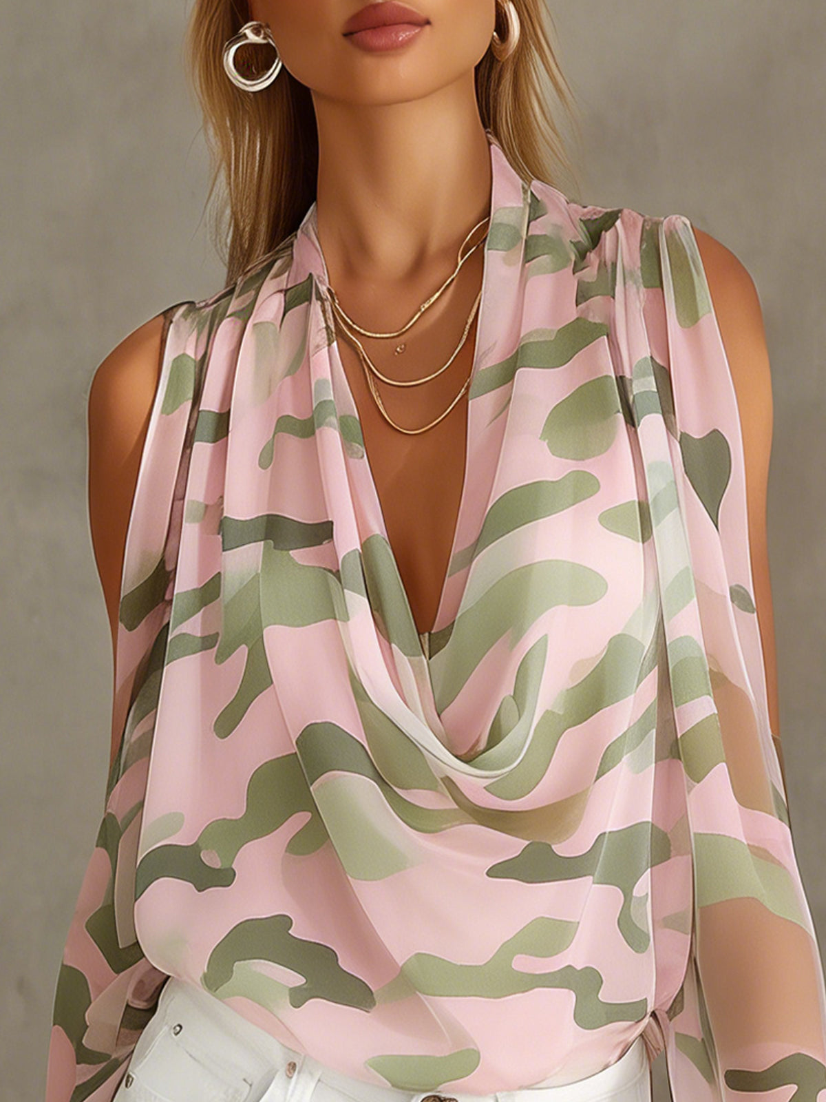 Pink Camo Print Draped Neck Sheer Chiffon Blouse