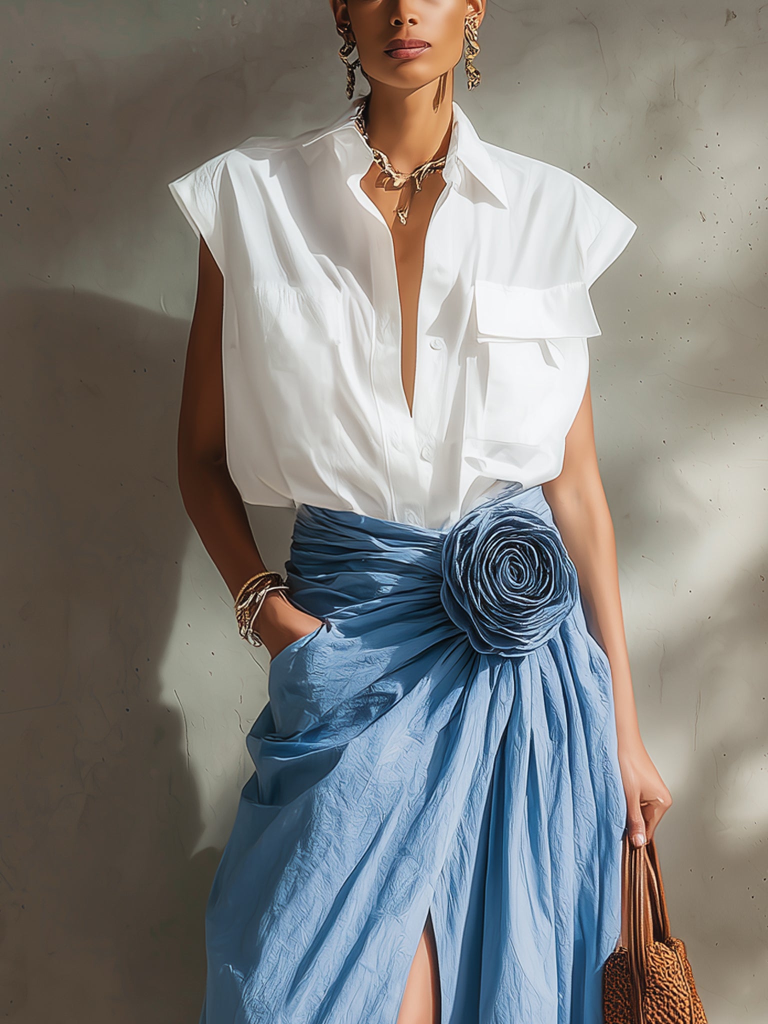 White Cotton Sleeveless Shirt And Blue 3D Floral Slit Skirt Set