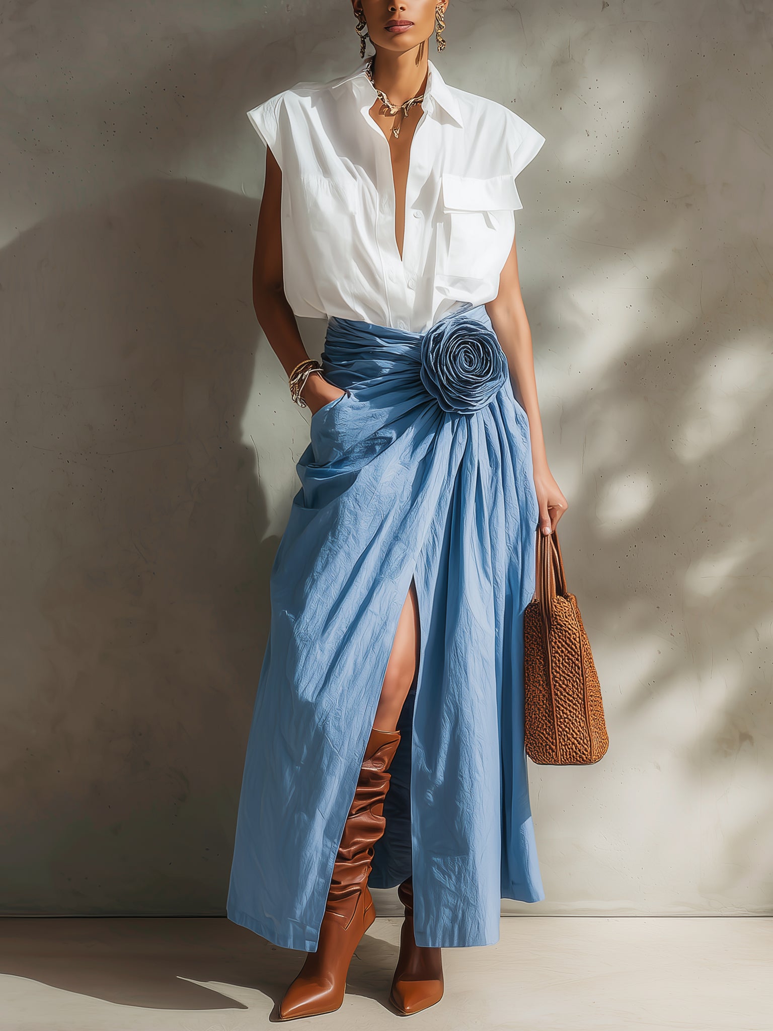 White Cotton Sleeveless Shirt And Blue 3D Floral Slit Skirt Set
