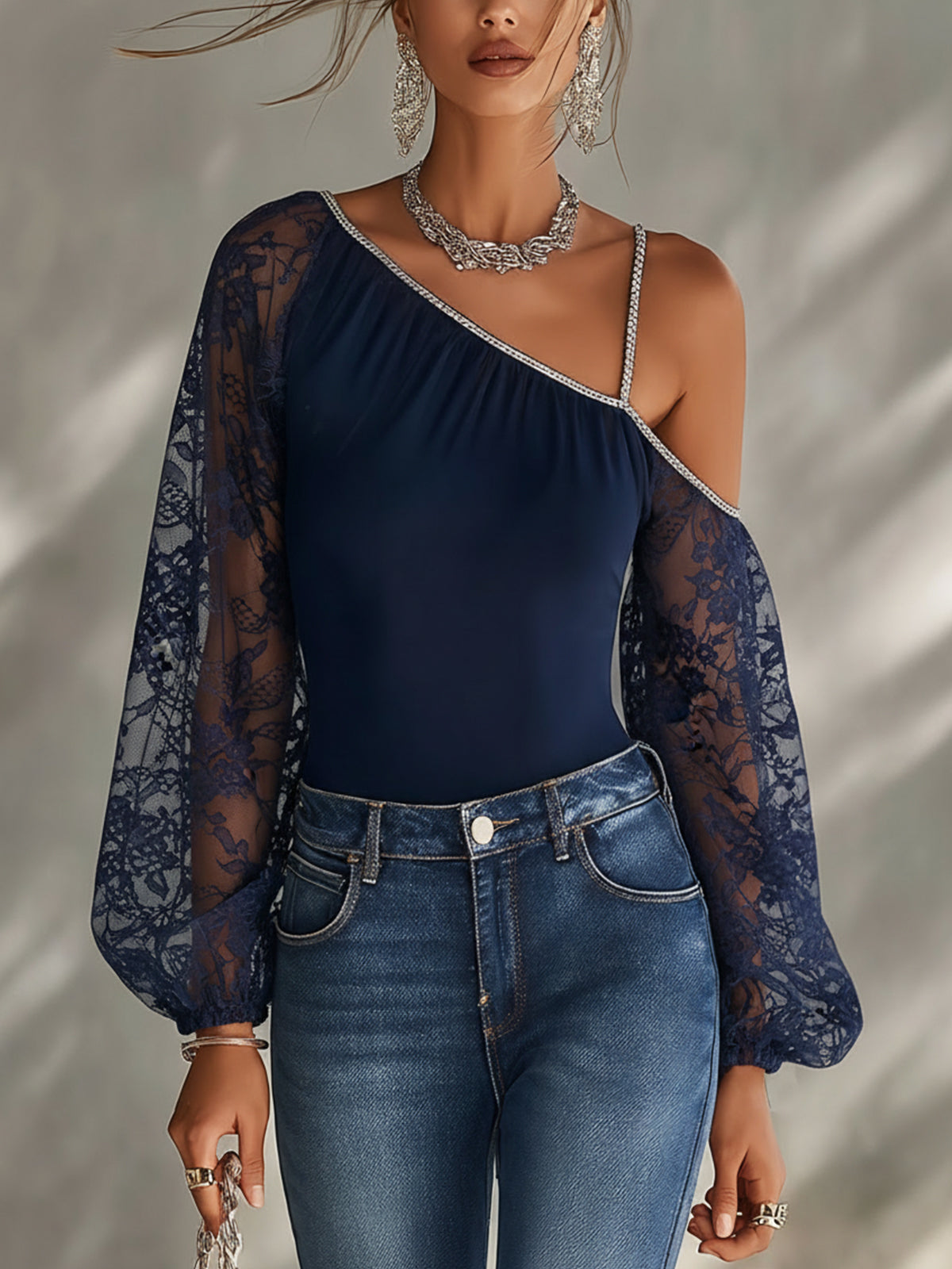 Navy One-Shoulder Lace Sleeve Chiffon Blouse