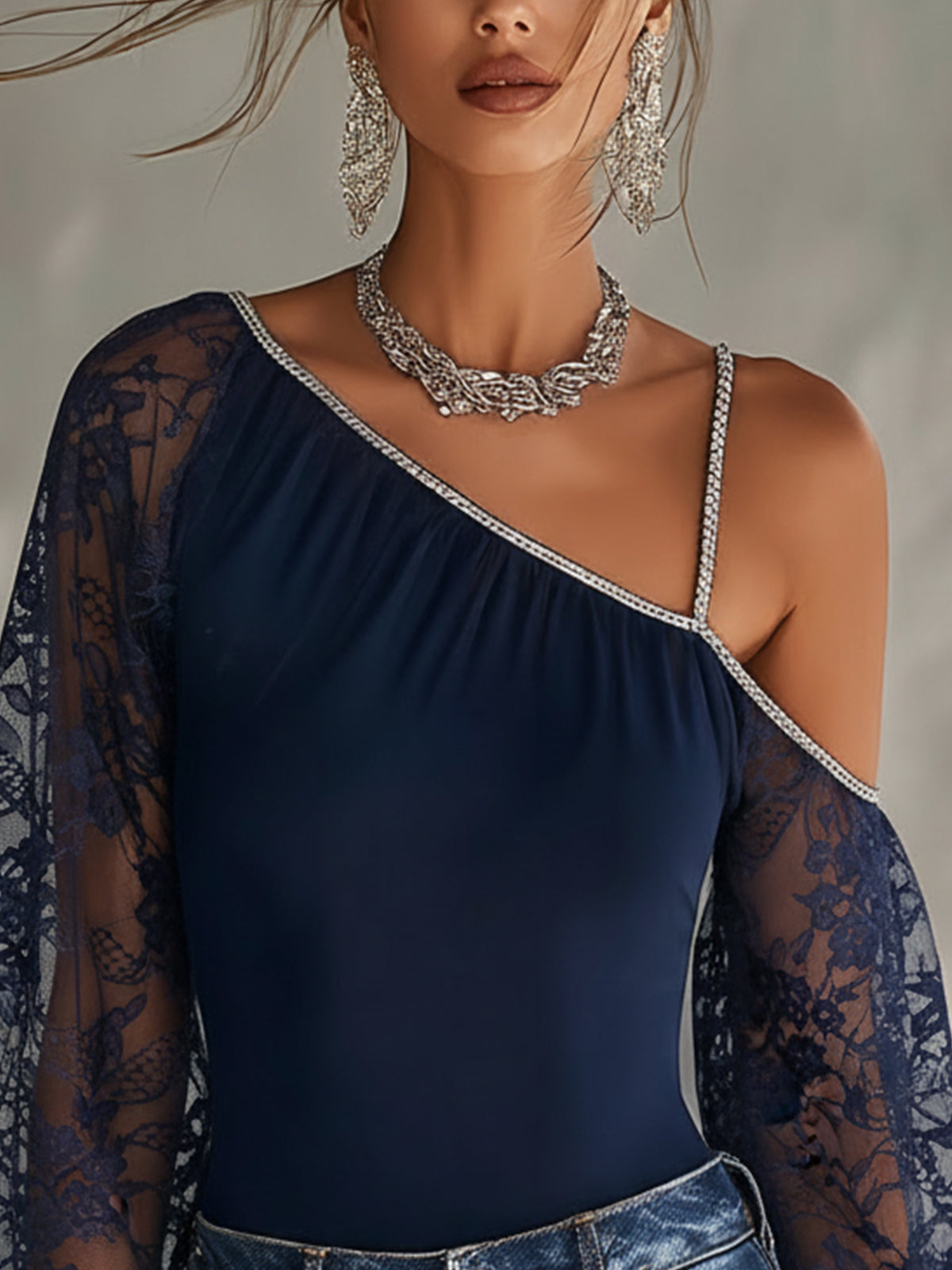 Navy One-Shoulder Lace Sleeve Chiffon Blouse