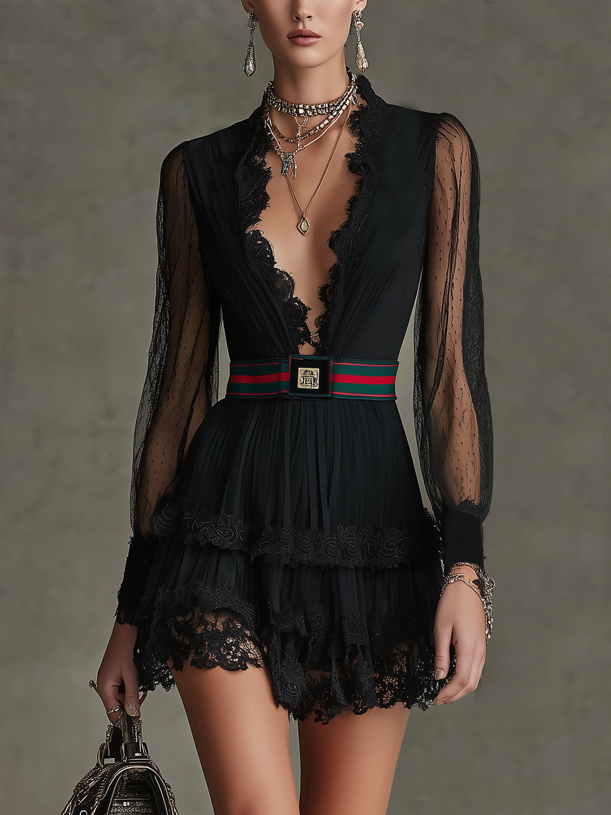 Black Lace V-Neck Long Sleeve Chiffon Mini Dress With Belt
