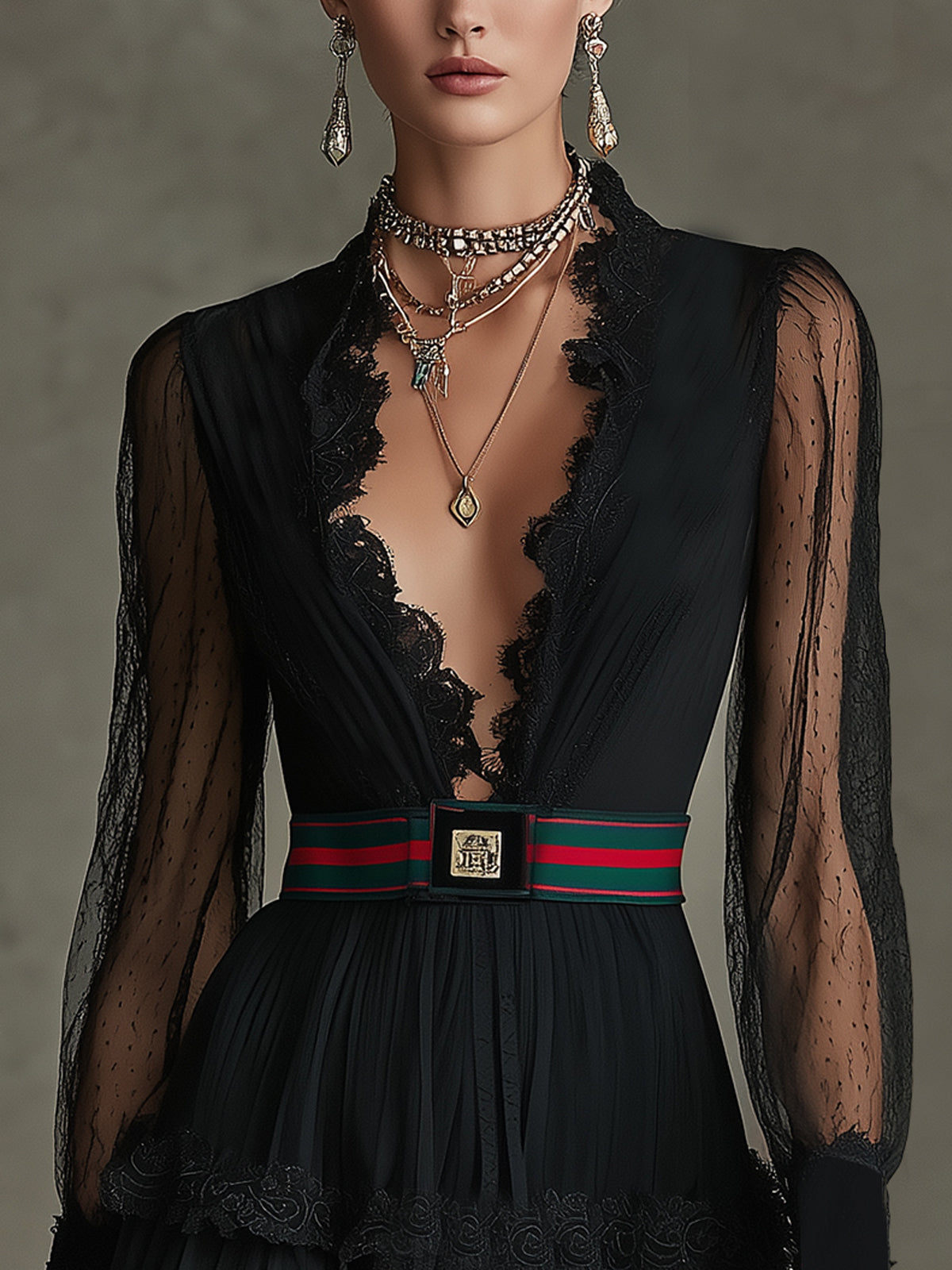 Black Lace V-Neck Long Sleeve Chiffon Mini Dress With Belt