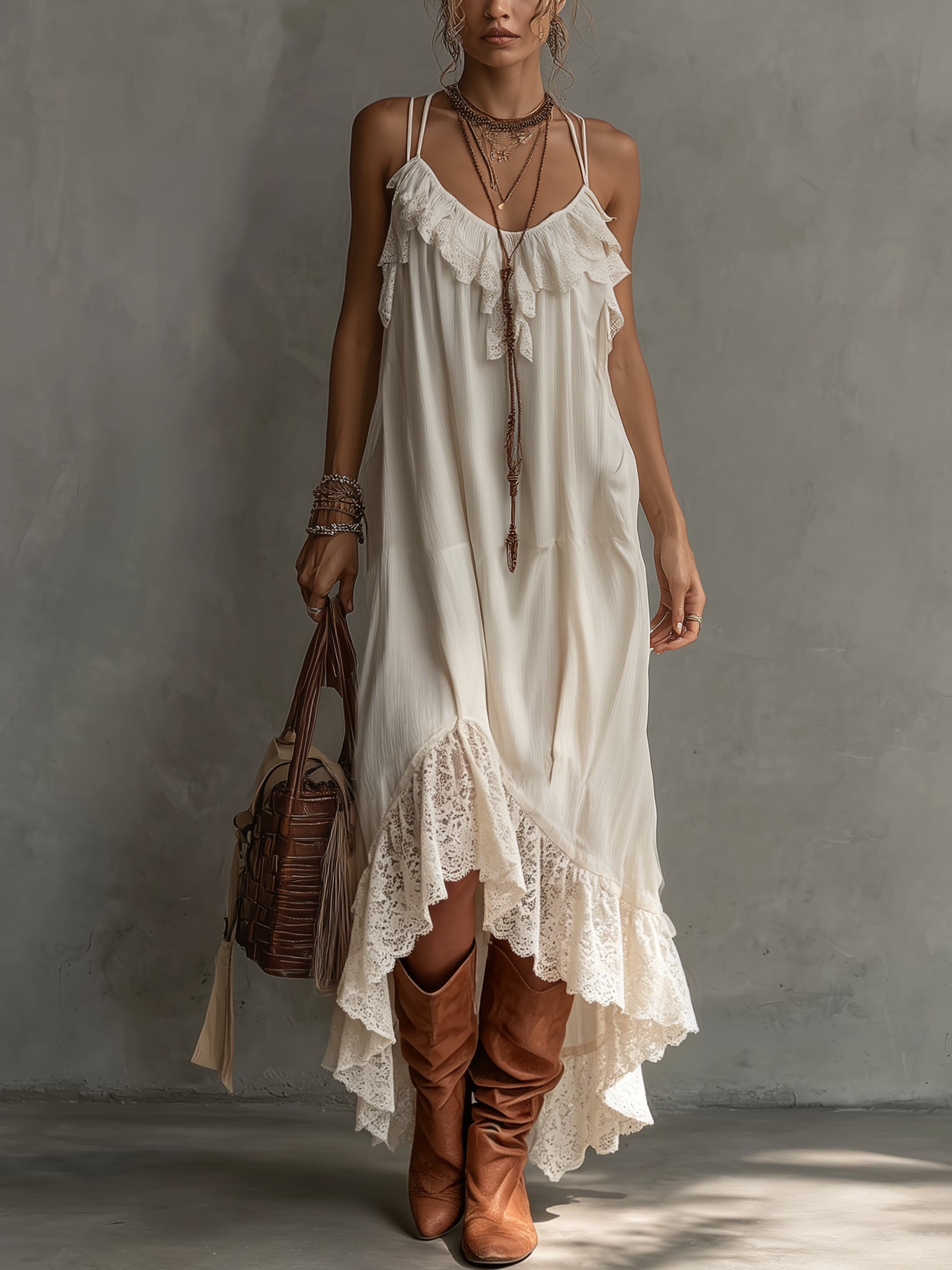 Cream Lace Trim Chiffon Maxi Slip Dress