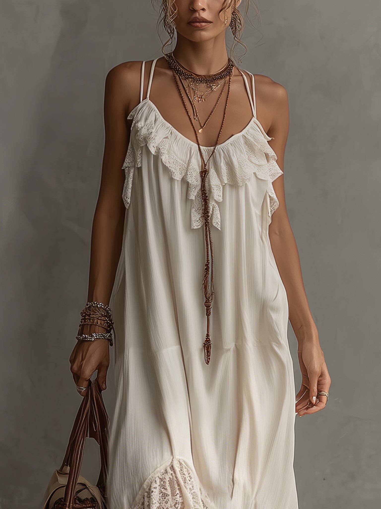 Cream Lace Trim Chiffon Maxi Slip Dress