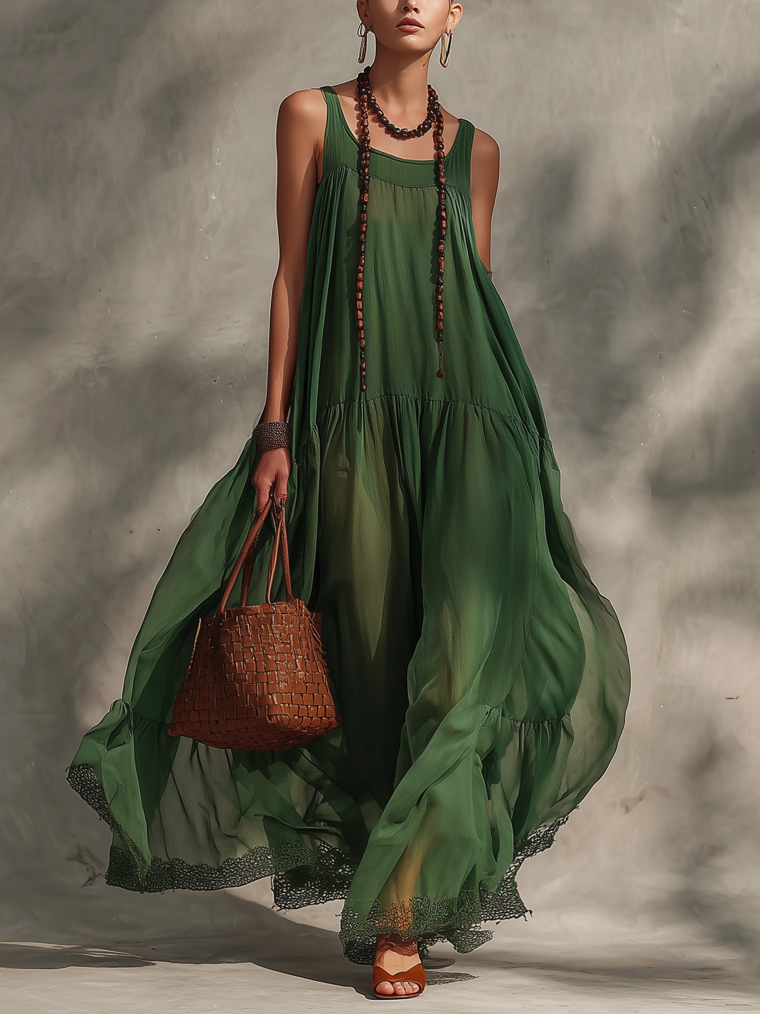 Green Flowing Chiffon Sleeveless Maxi Dress