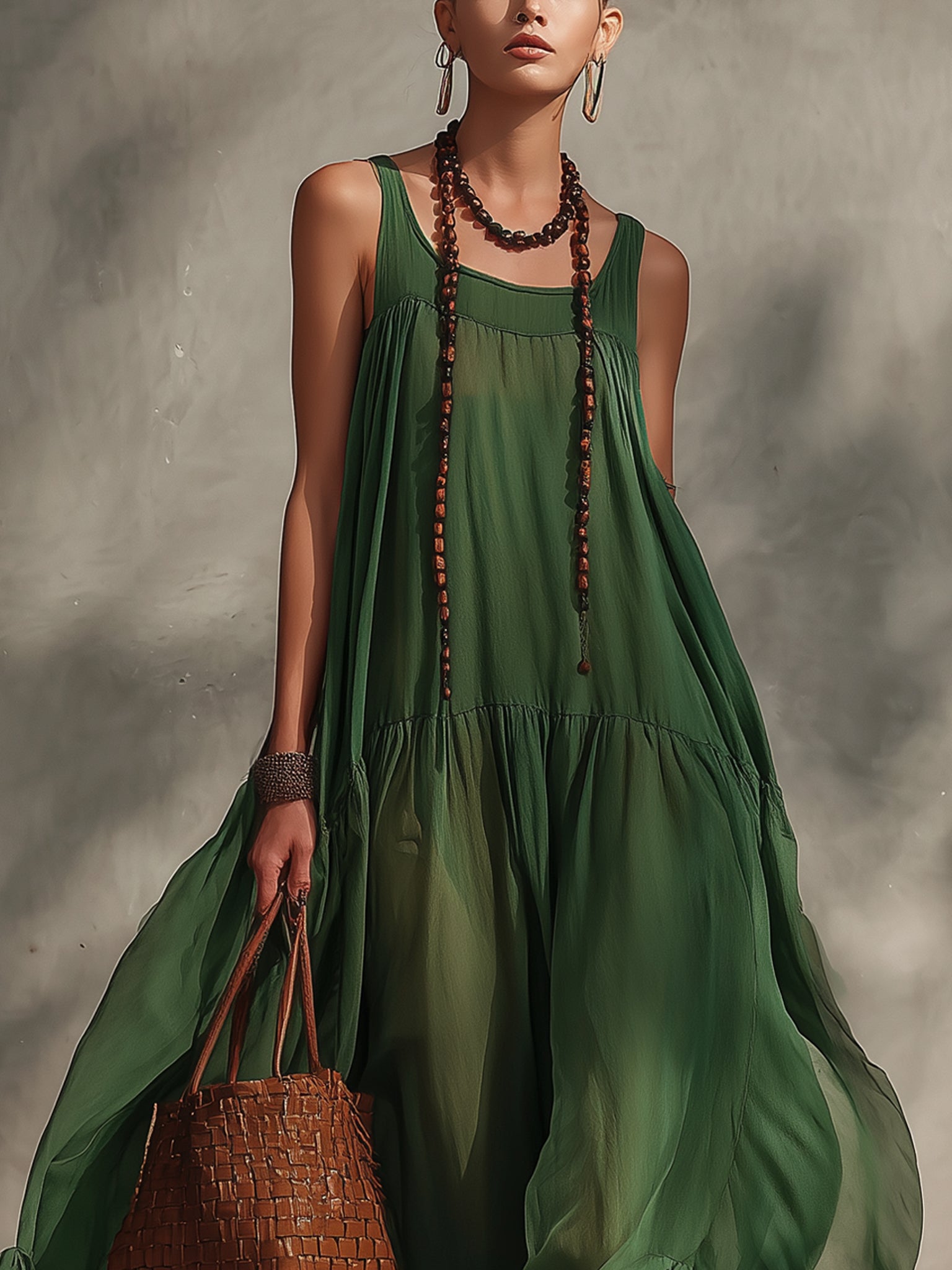 Green Flowing Chiffon Sleeveless Maxi Dress