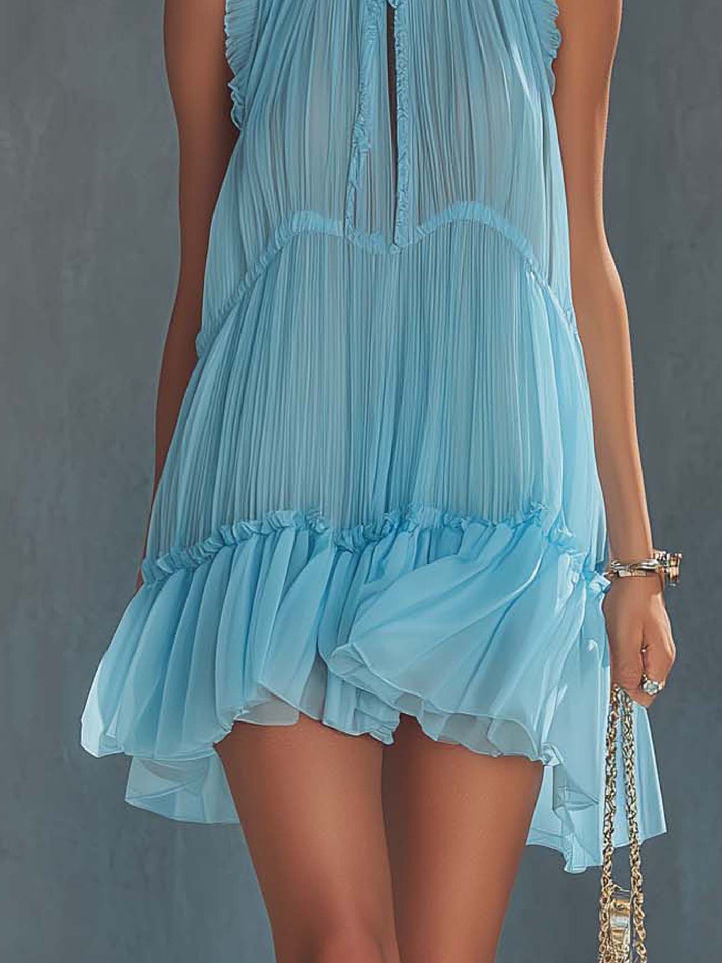 Sky Blue Chiffon Ruffled Patchwork Sleeveless Mini Dress