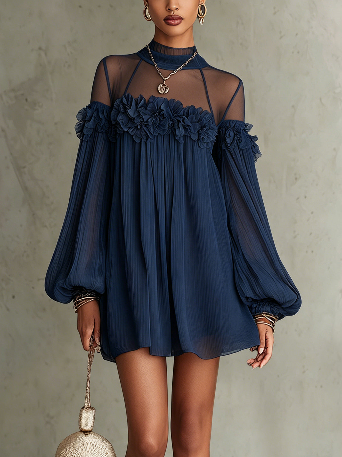 Navy Blue Off-Shoulder Sheer Floral Appliqué Pleated Chiffon Mini Dress