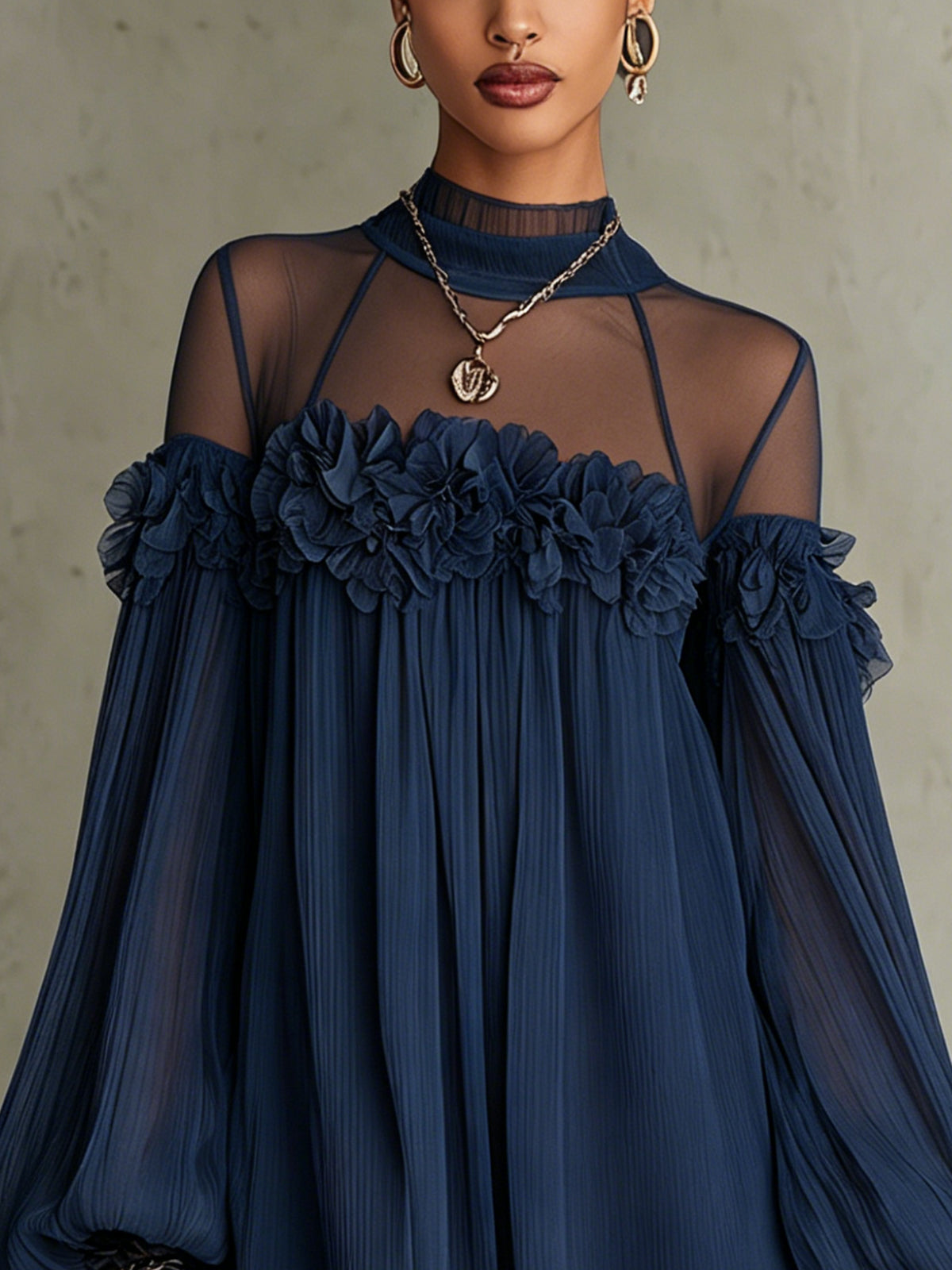 Navy Blue Off-Shoulder Sheer Floral Appliqué Pleated Chiffon Mini Dress