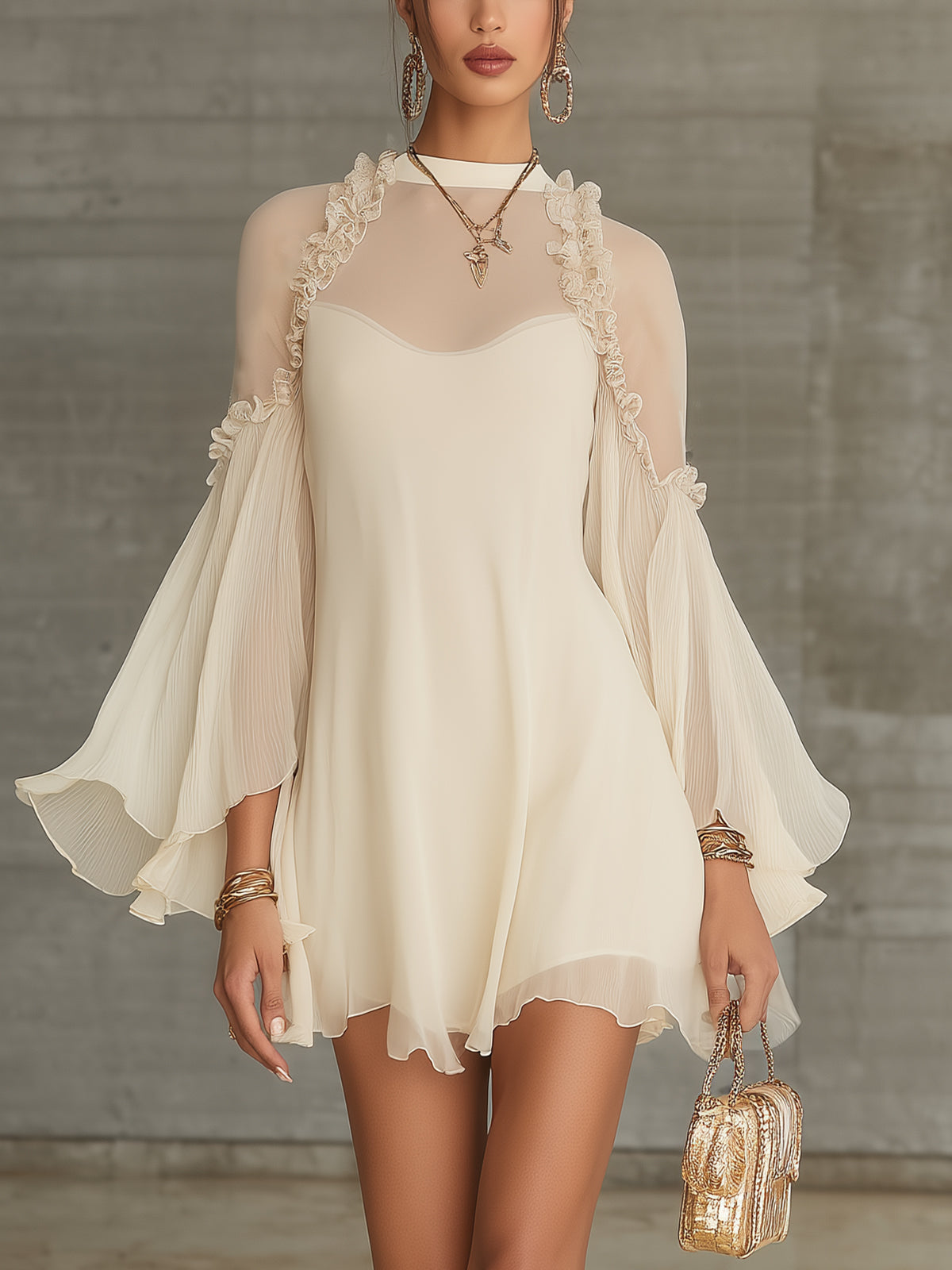 Ivory Sheer Ruffle Trim Pleated Sleeve Chiffon Mini Dress
