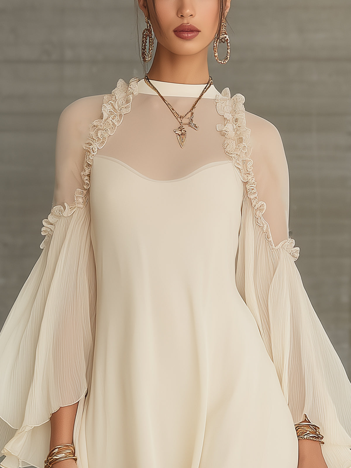 Ivory Sheer Ruffle Trim Pleated Sleeve Chiffon Mini Dress