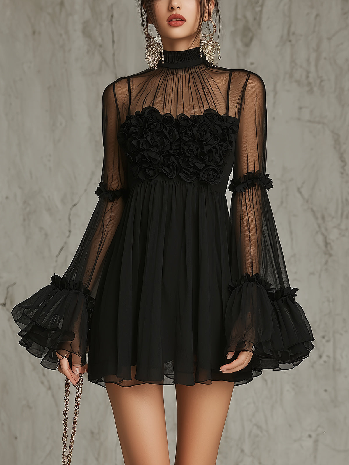Black Sheer Floral Appliqué High Neck Pleated Chiffon Mini Dress