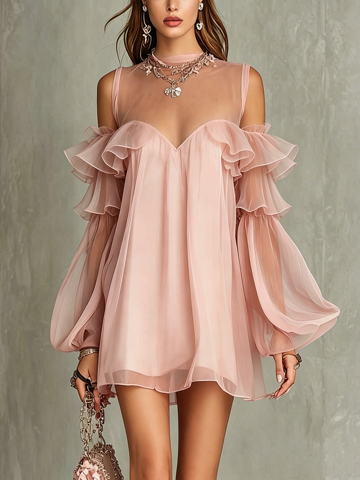 Pink Off-Shoulder Sheer Ruffle Chiffon Mini Dress