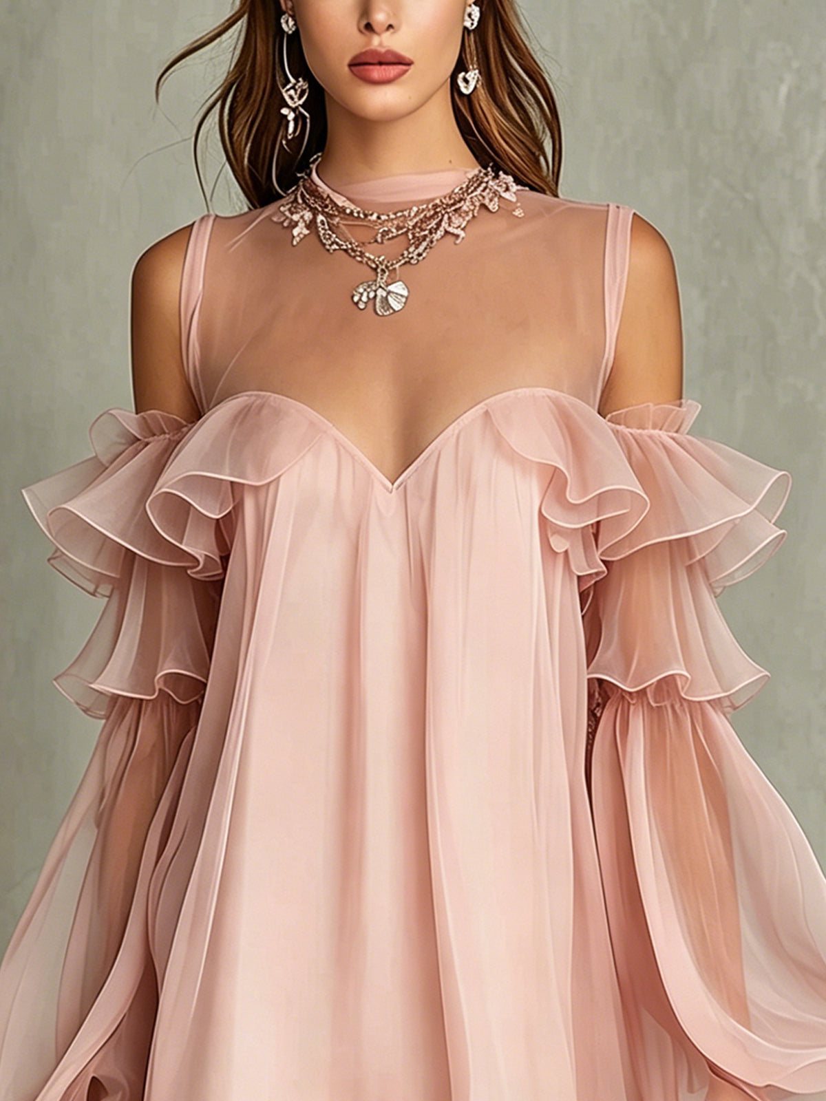Pink Off-Shoulder Sheer Ruffle Chiffon Mini Dress