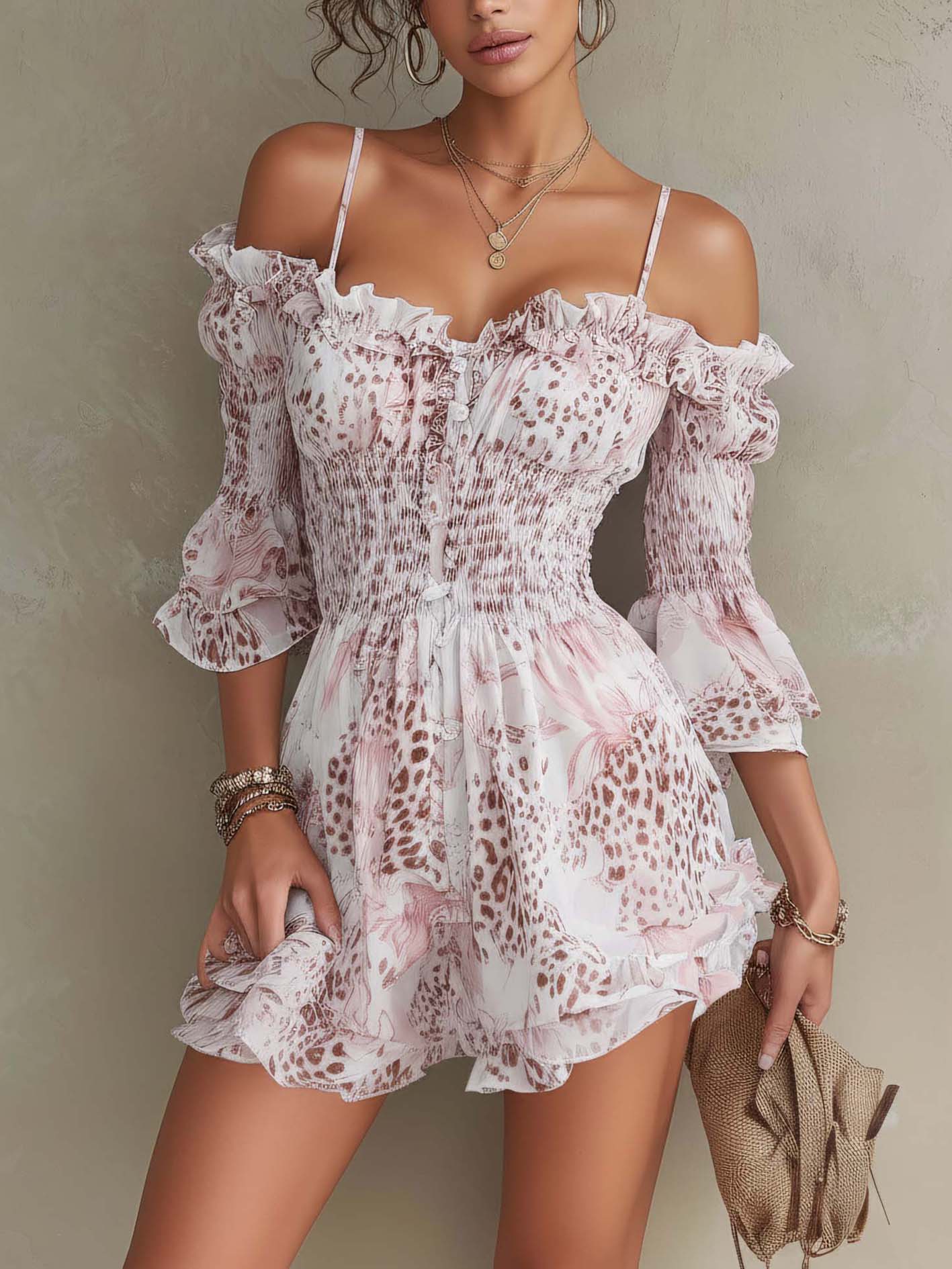White Leopard Floral Print Chiffon Spaghetti Strap Ruffle Hem Mini Dress