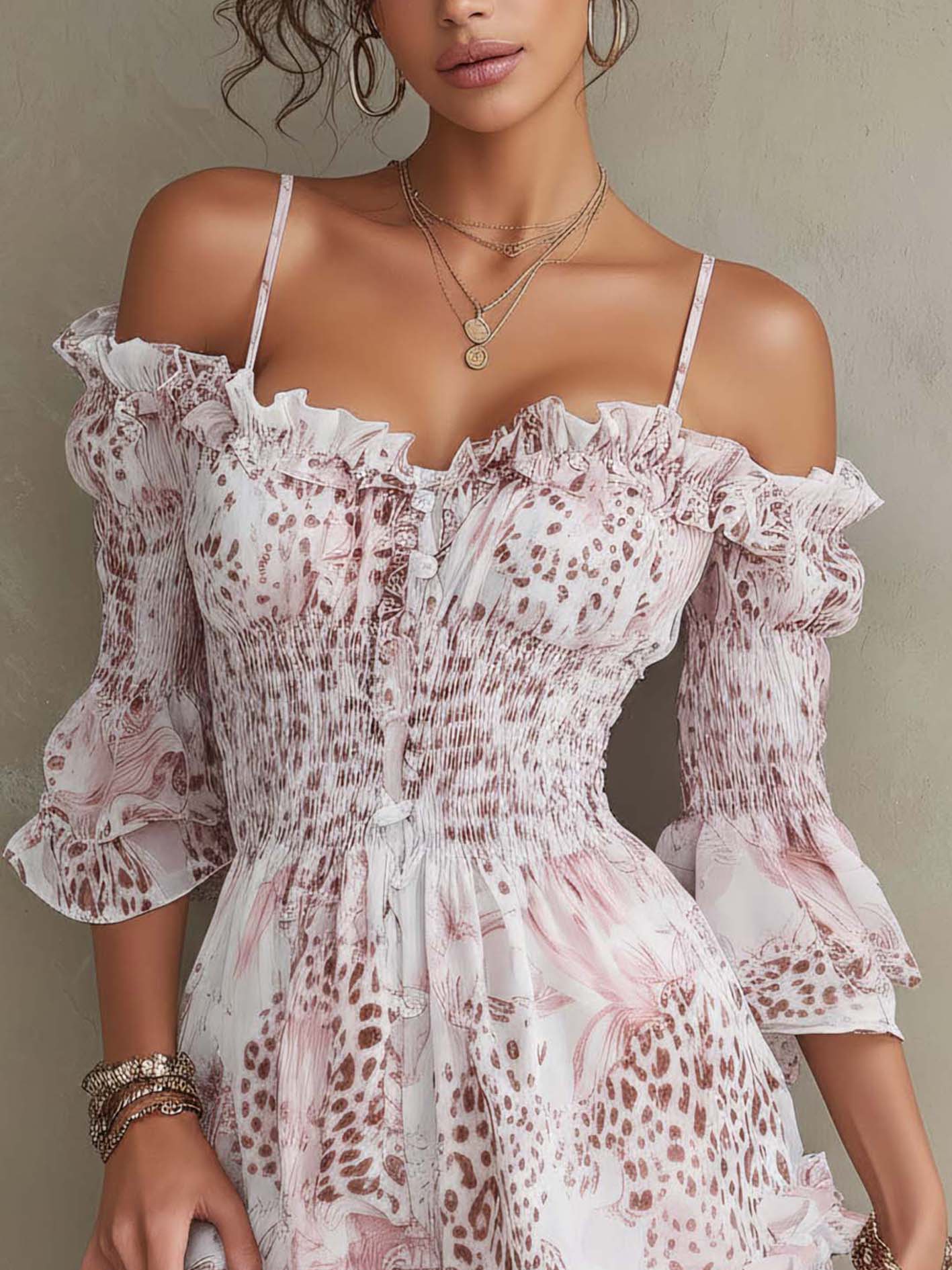 White Leopard Floral Print Chiffon Spaghetti Strap Ruffle Hem Mini Dress