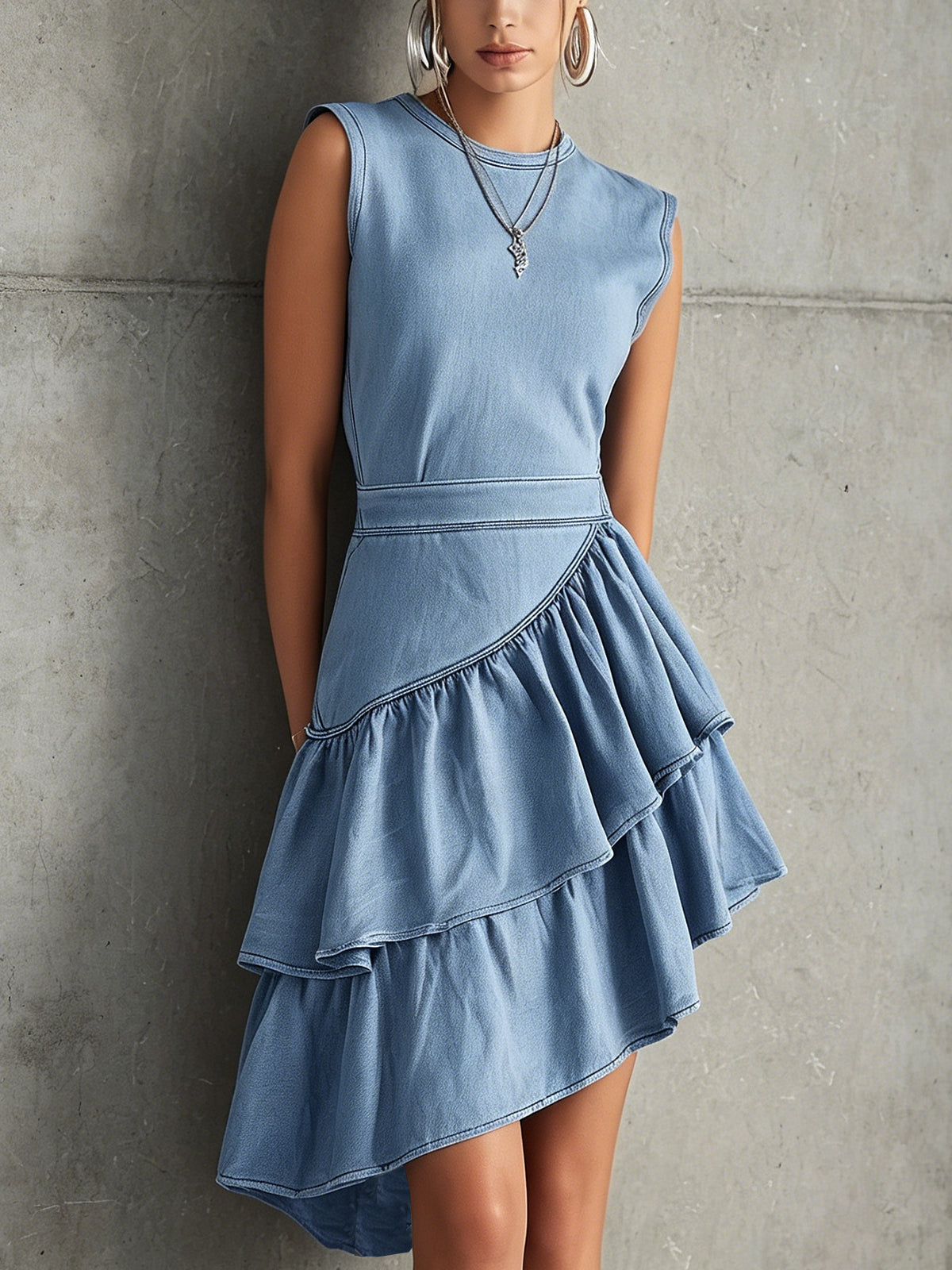 Light Blue Sleeveless Layered Ruffle Asymmetric Denim Mini Dress