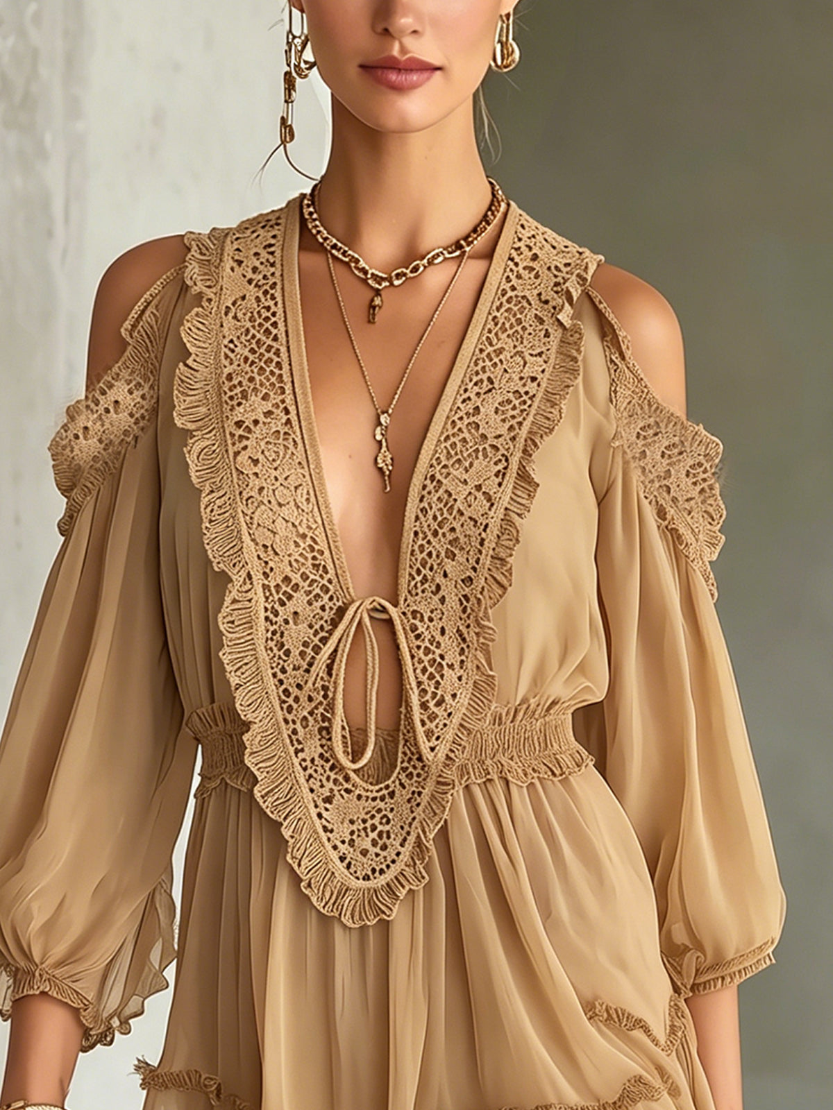Khaki Chiffon Cold-Shoulder Crochet Trim Mini Dress