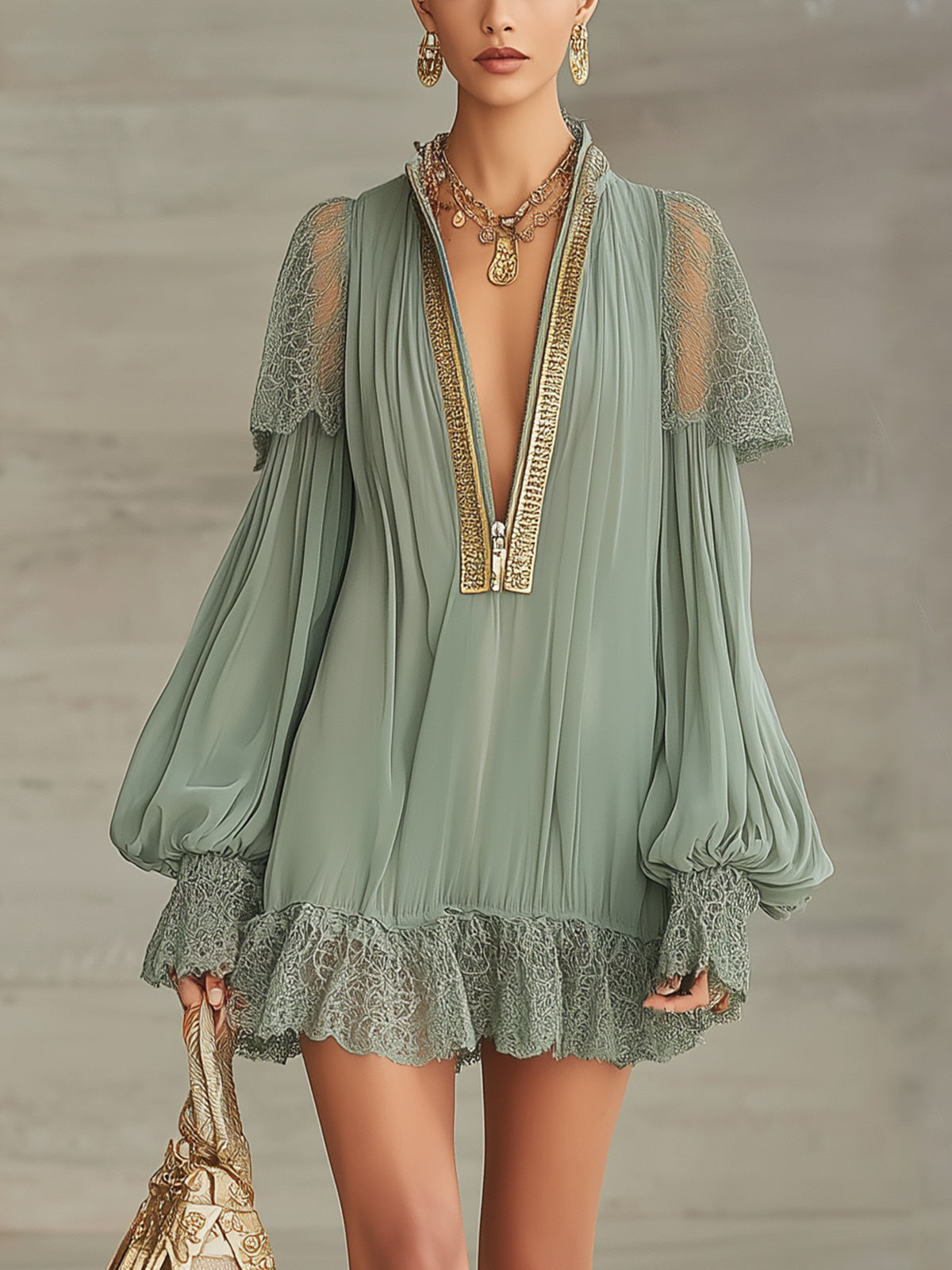 Green Pleated Chiffon Lace-Trim Mini Dress