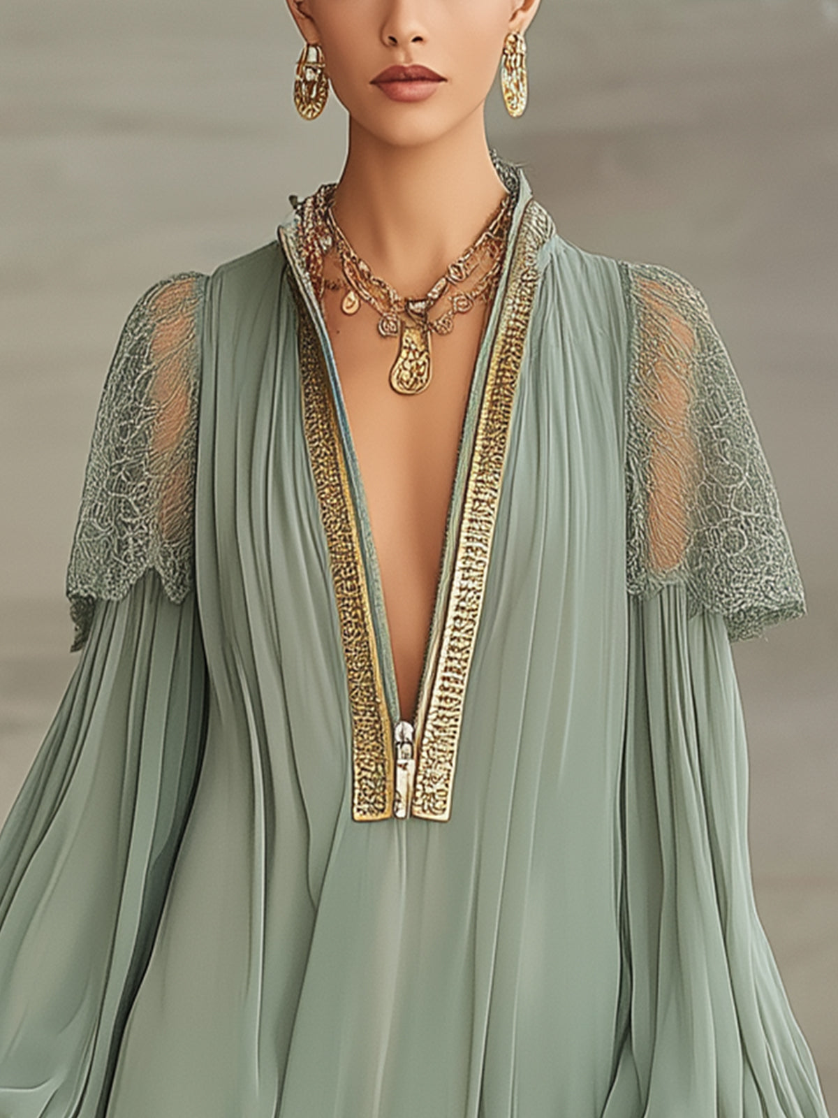 Green Pleated Chiffon Lace-Trim Mini Dress