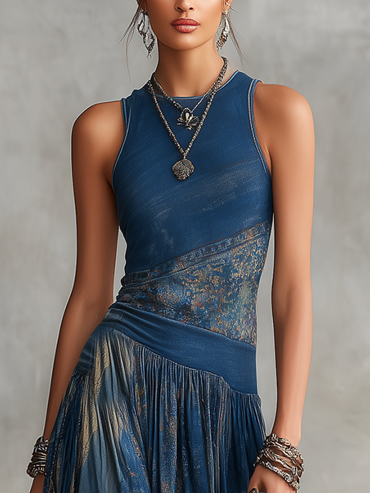 Blue Bohemian Printed Sleeveless Maxi Dress