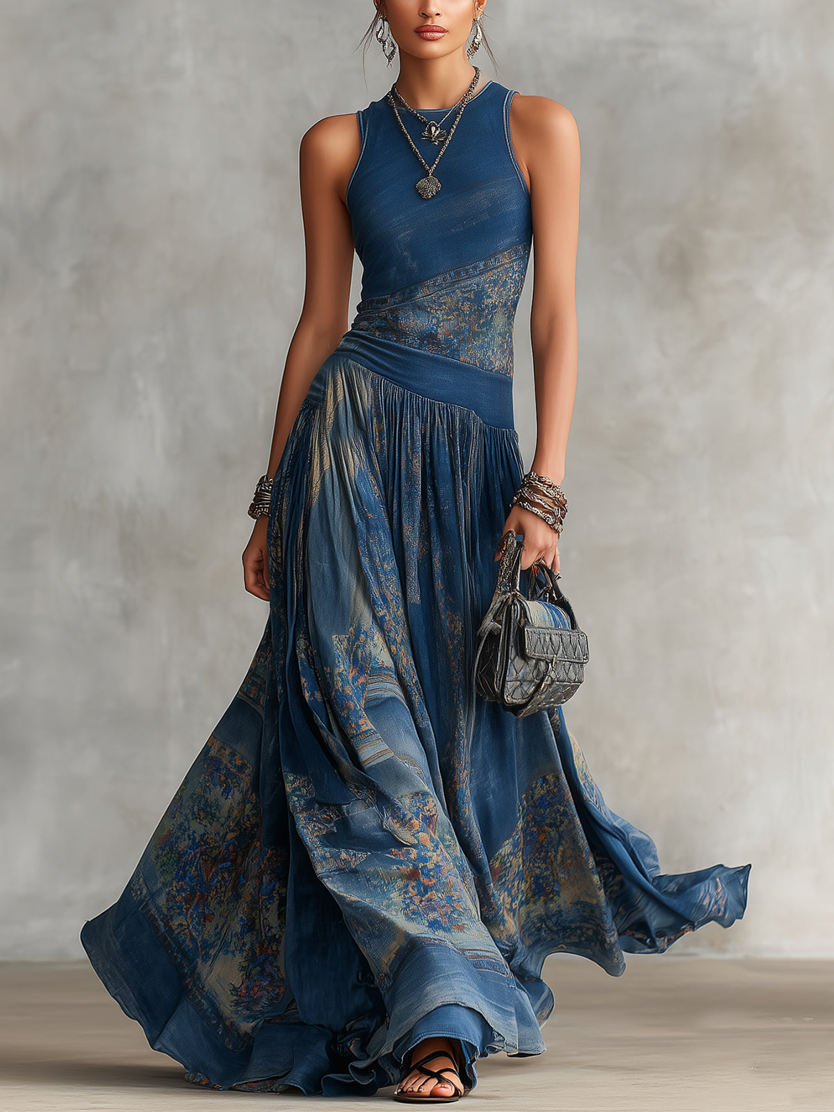 Blue Bohemian Printed Sleeveless Maxi Dress