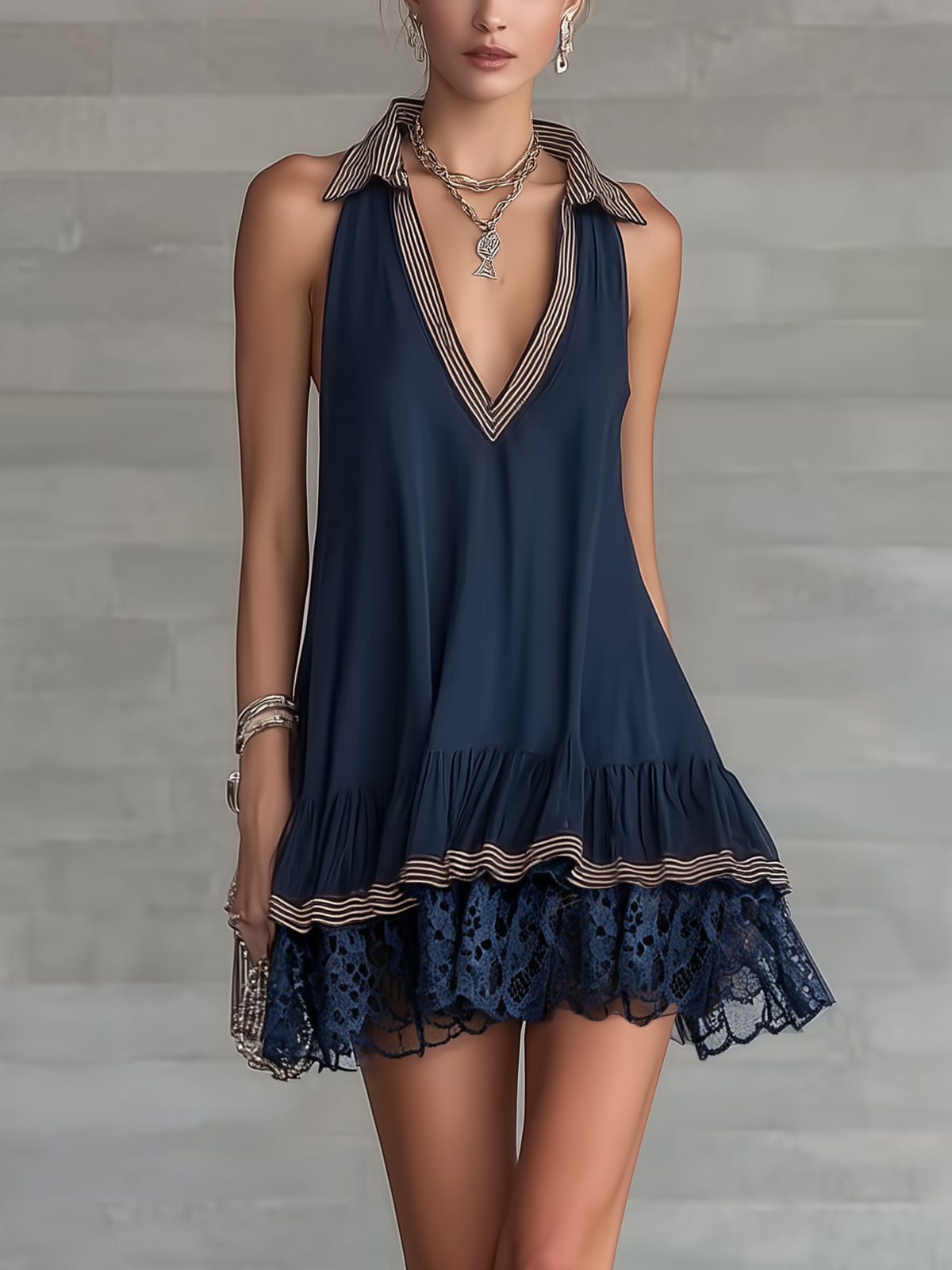 Navy Pleated Collar Contrast-Trim Lace Hem Mini Dress