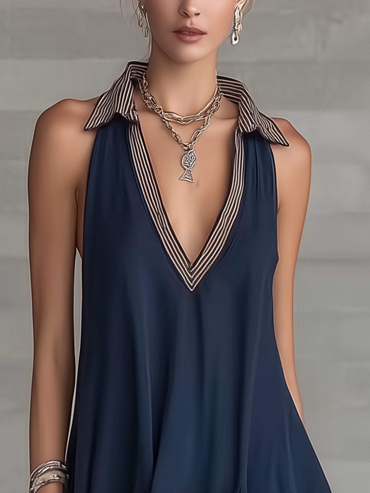 Navy Pleated Collar Contrast-Trim Lace Hem Mini Dress