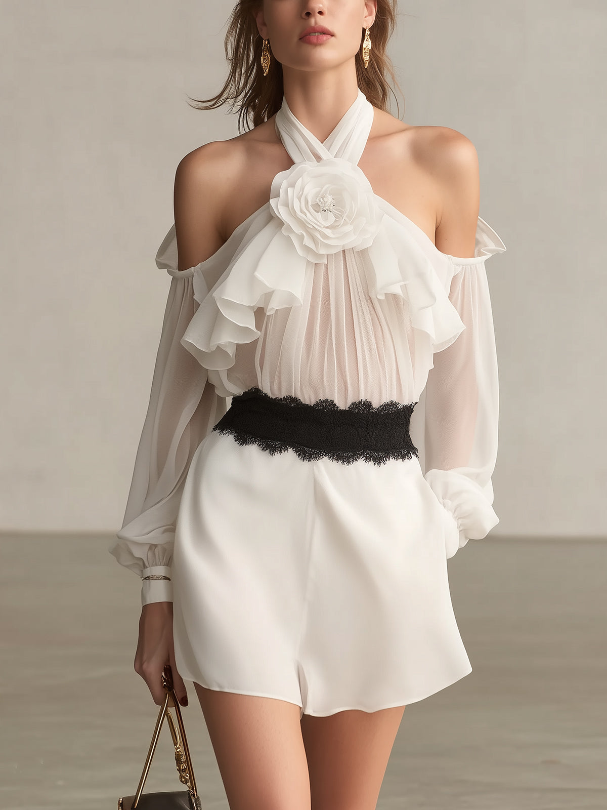 White Off-Shoulder Ruffled Chiffon Halter Top And High-Waist Shorts Set
