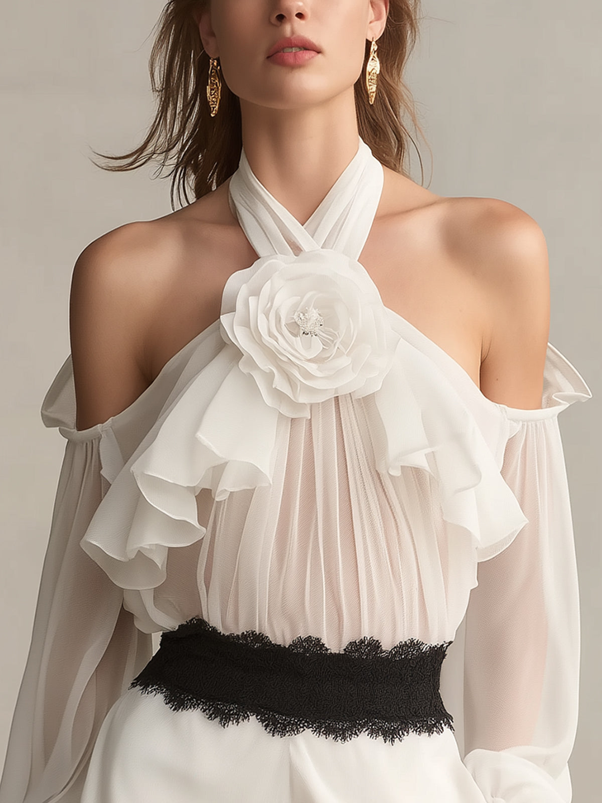 White Off-Shoulder Ruffled Chiffon Halter Top And High-Waist Shorts Set