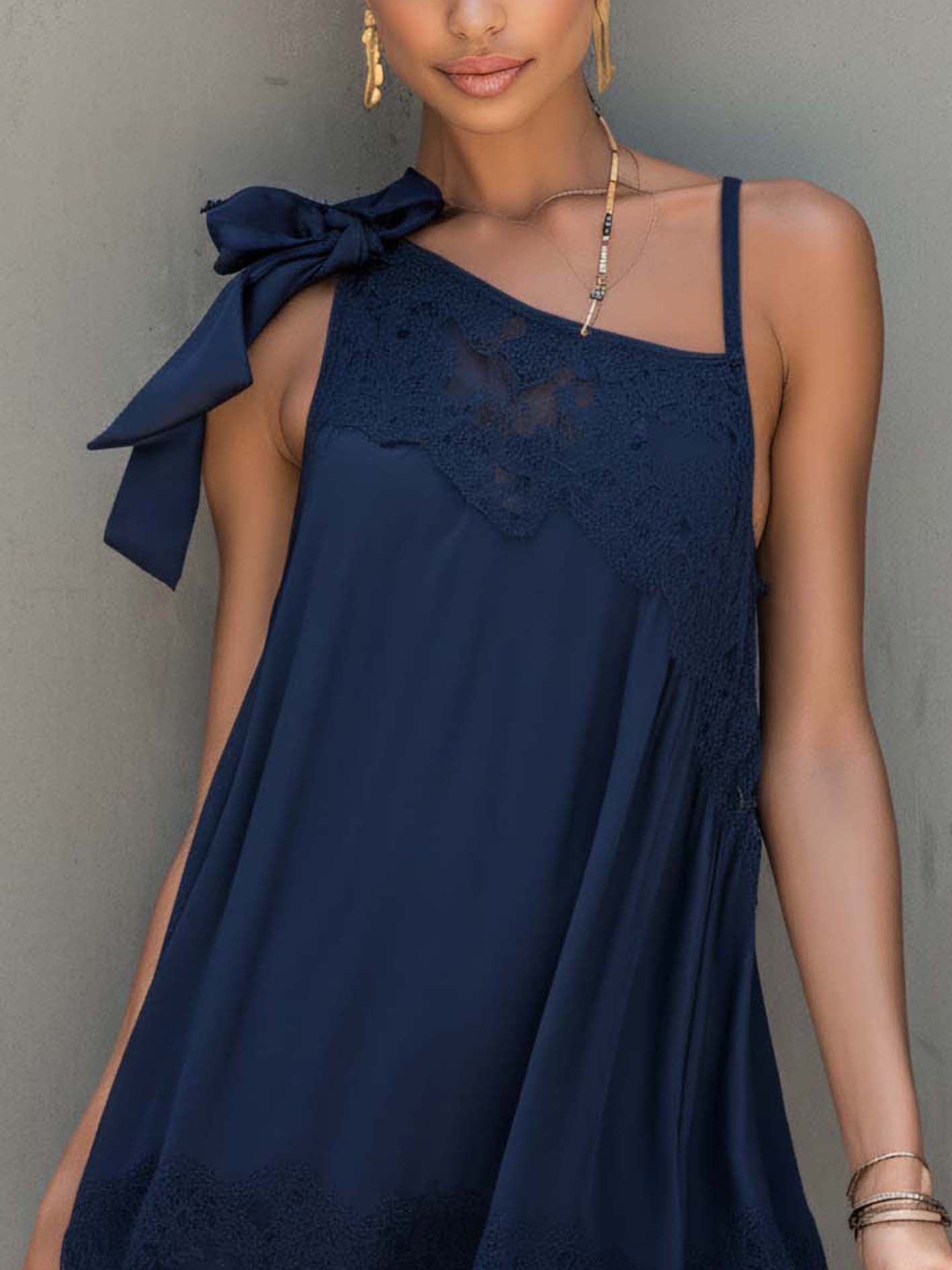 Navy Blue Chiffon Lace Patchwork Sleeveless Mini Dress With Tie Shoulder