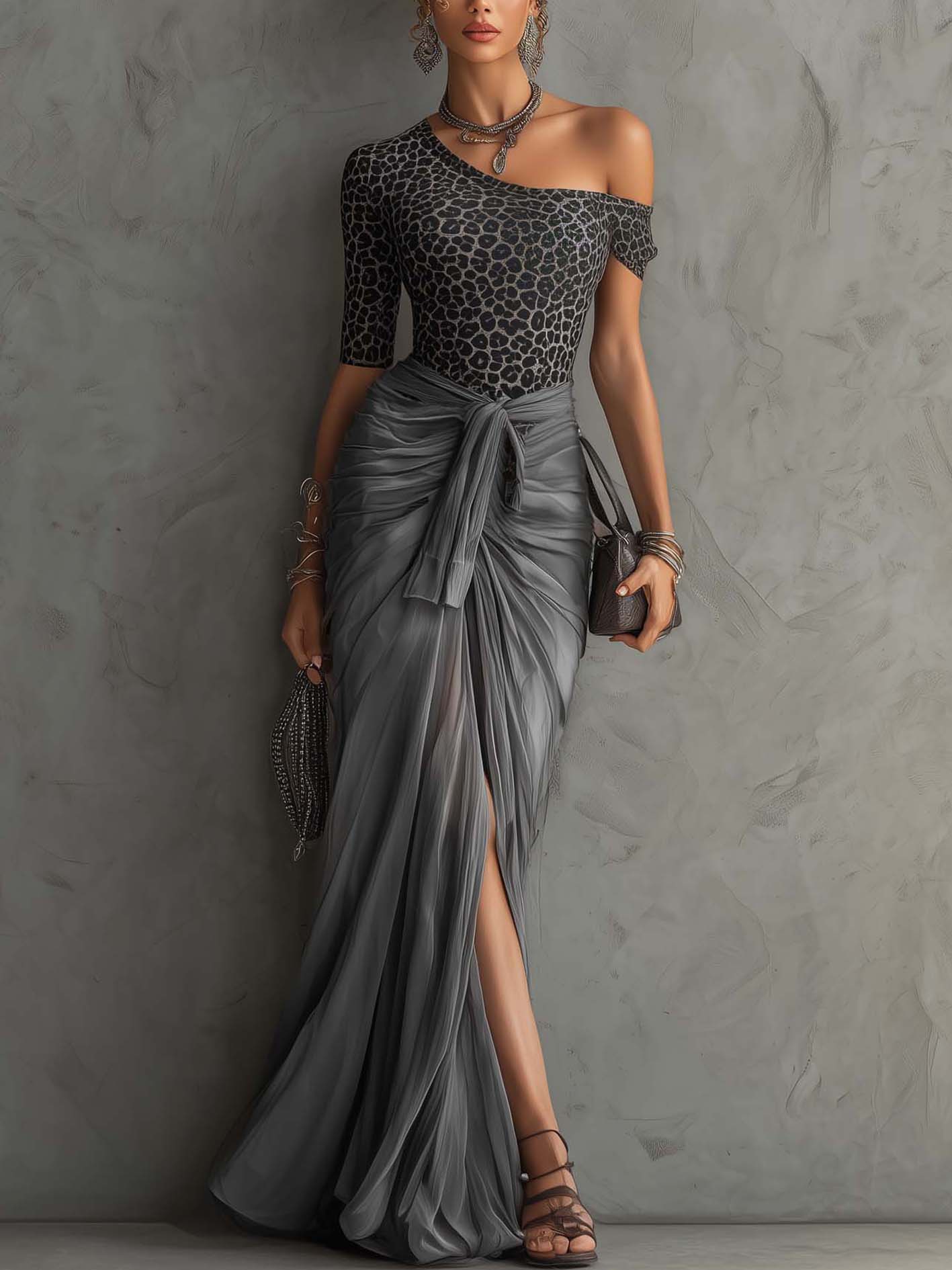 Gray Leopard One Shoulder Top Satin Ruched Maxi Skirt Set