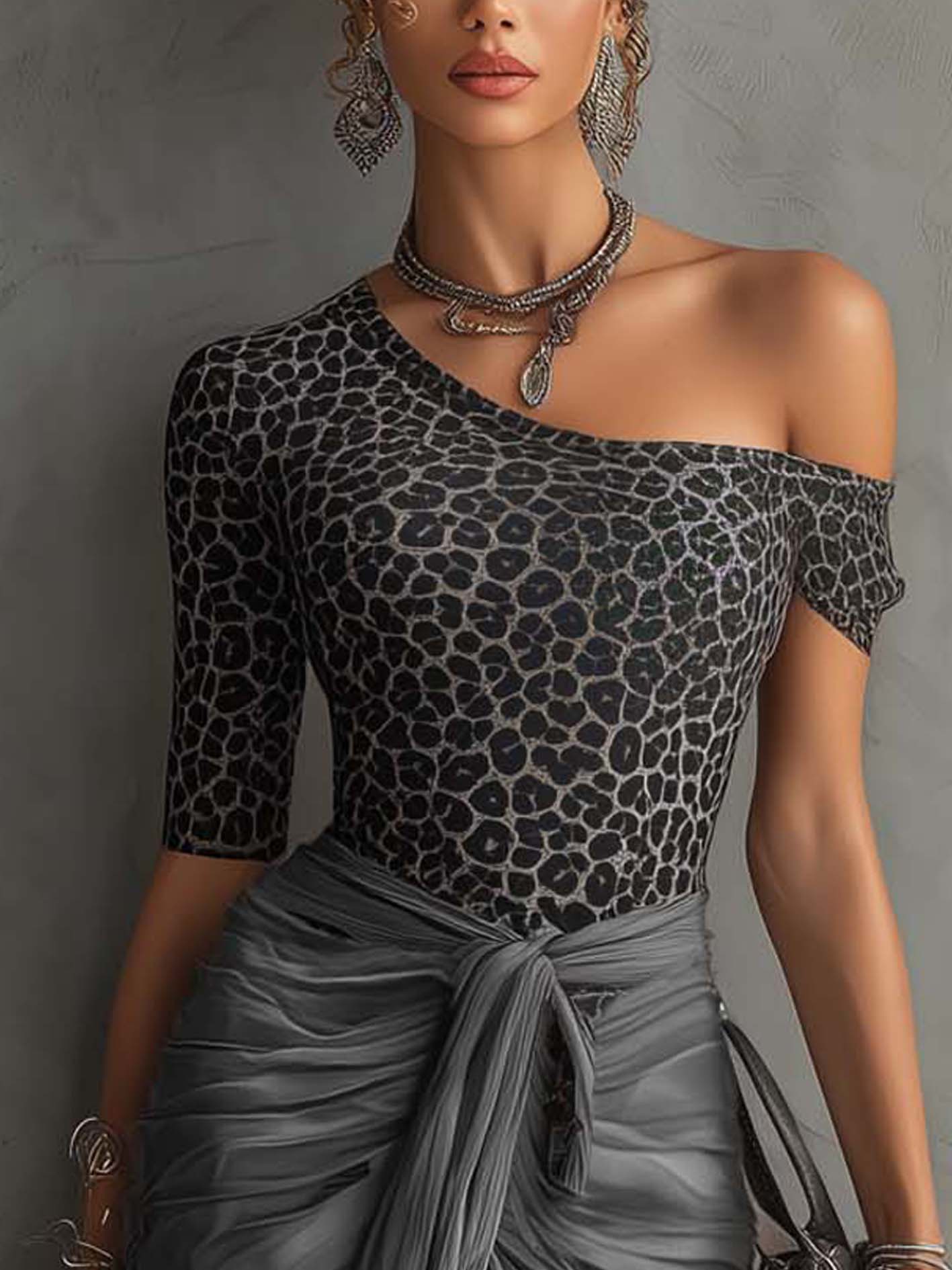 Gray Leopard One Shoulder Top Satin Ruched Maxi Skirt Set
