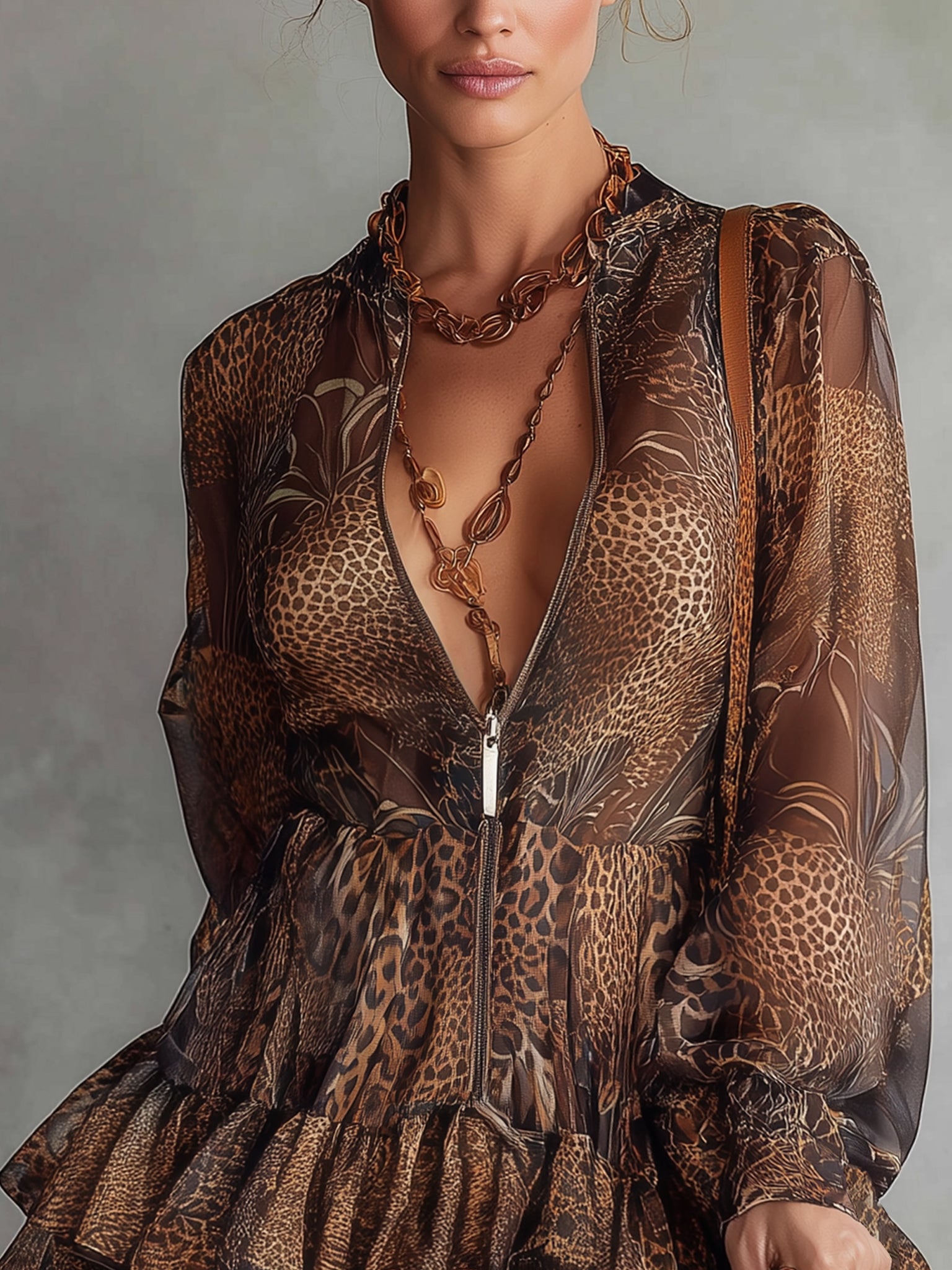 Brown Leopard Chiffon Zip Mini Dress