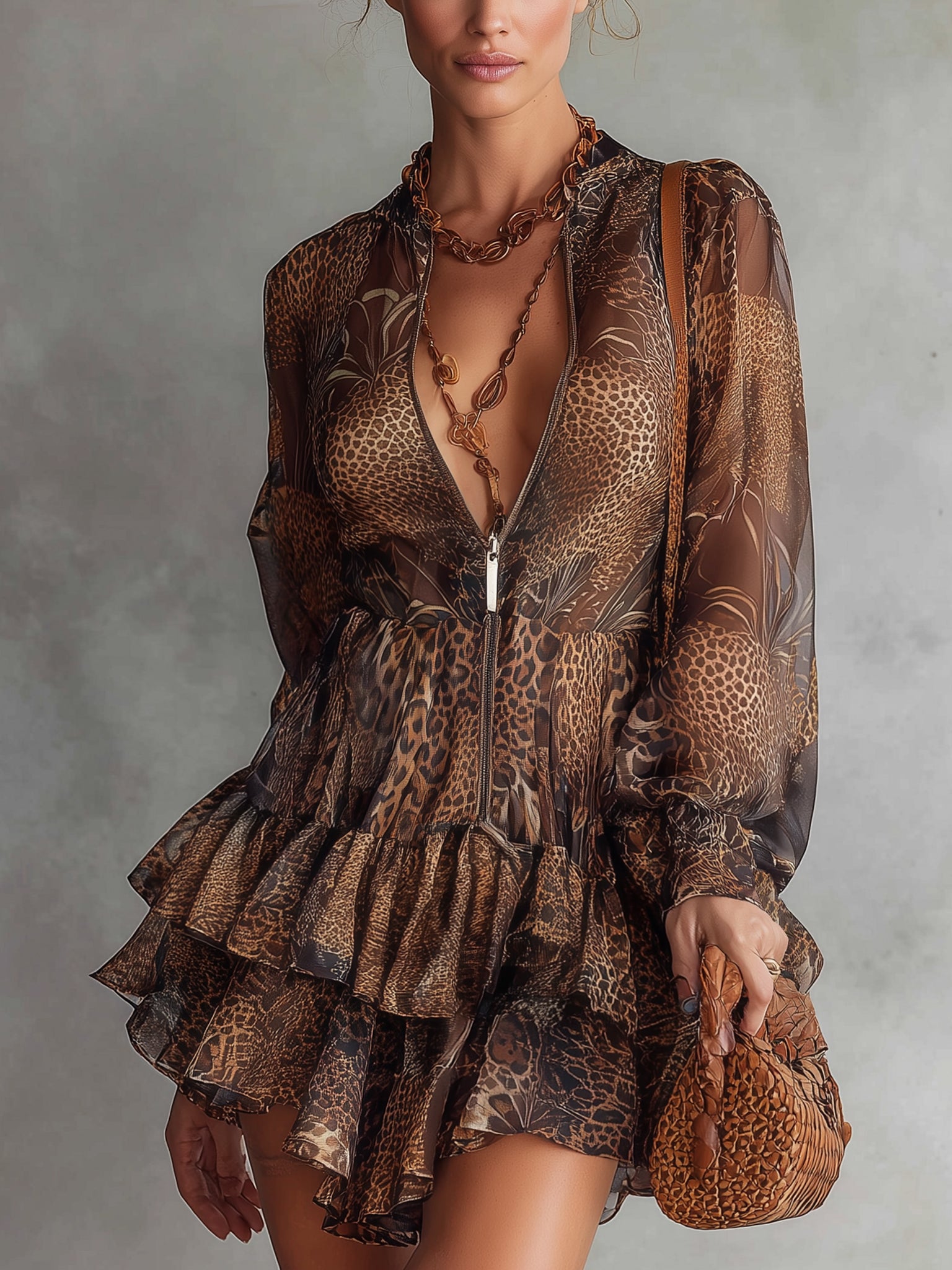 Brown Leopard Chiffon Zip Mini Dress