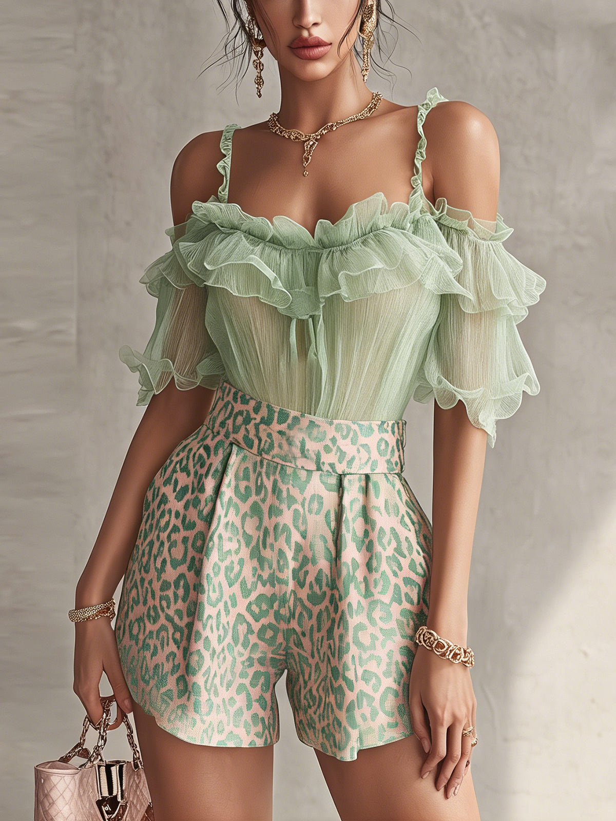 Green Ruffled Chiffon Off-Shoulder Top And Leopard Print High-Waist Shorts Set
