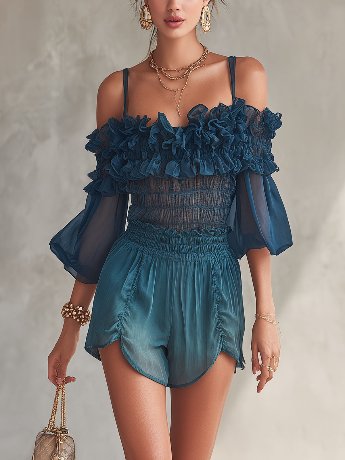 Blue Ruffled Off-Shoulder Chiffon Top And High-Waist Shorts Set