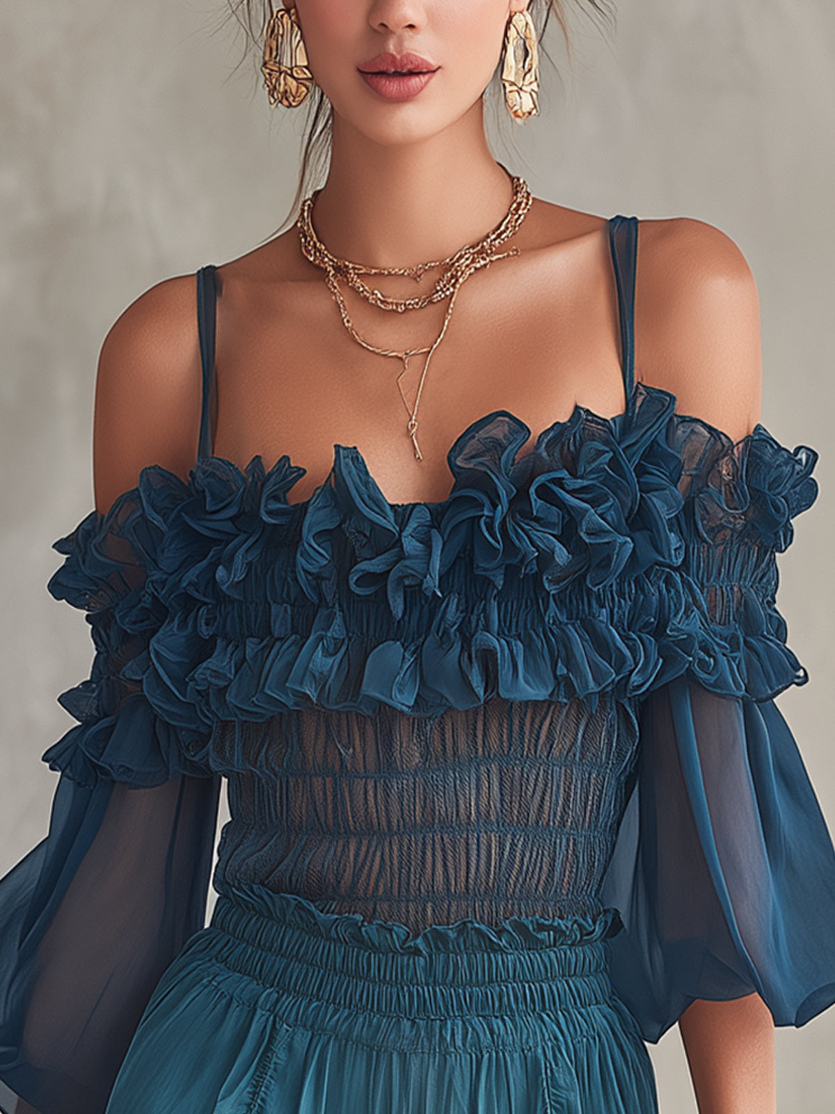 Blue Ruffled Off-Shoulder Chiffon Top And High-Waist Shorts Set