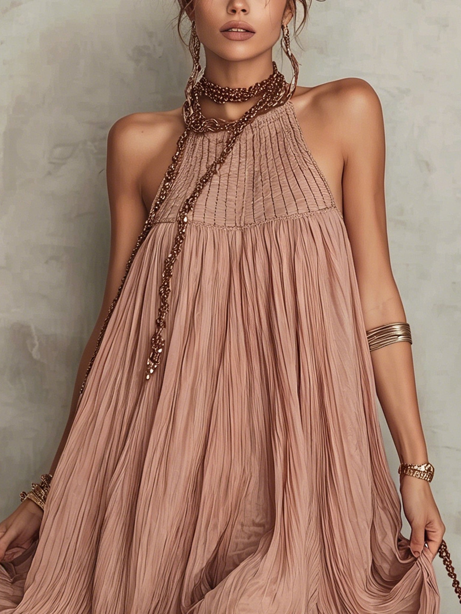 Dusky Pink Pleated Chiffon Midi Dress