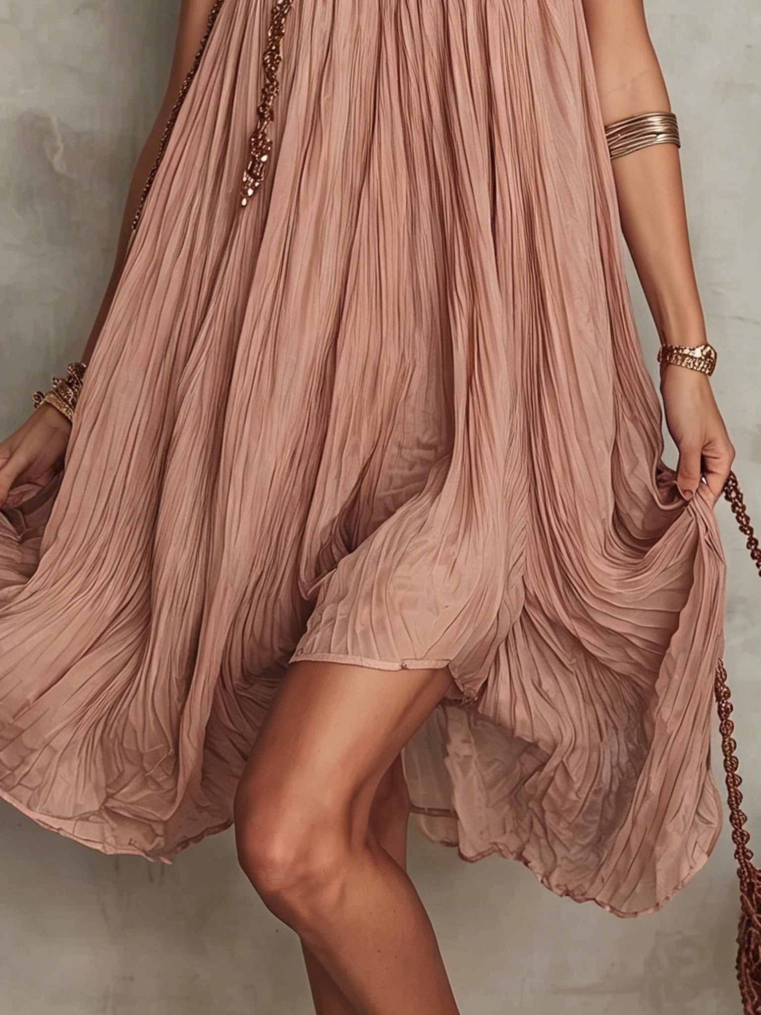 Dusky Pink Pleated Chiffon Midi Dress