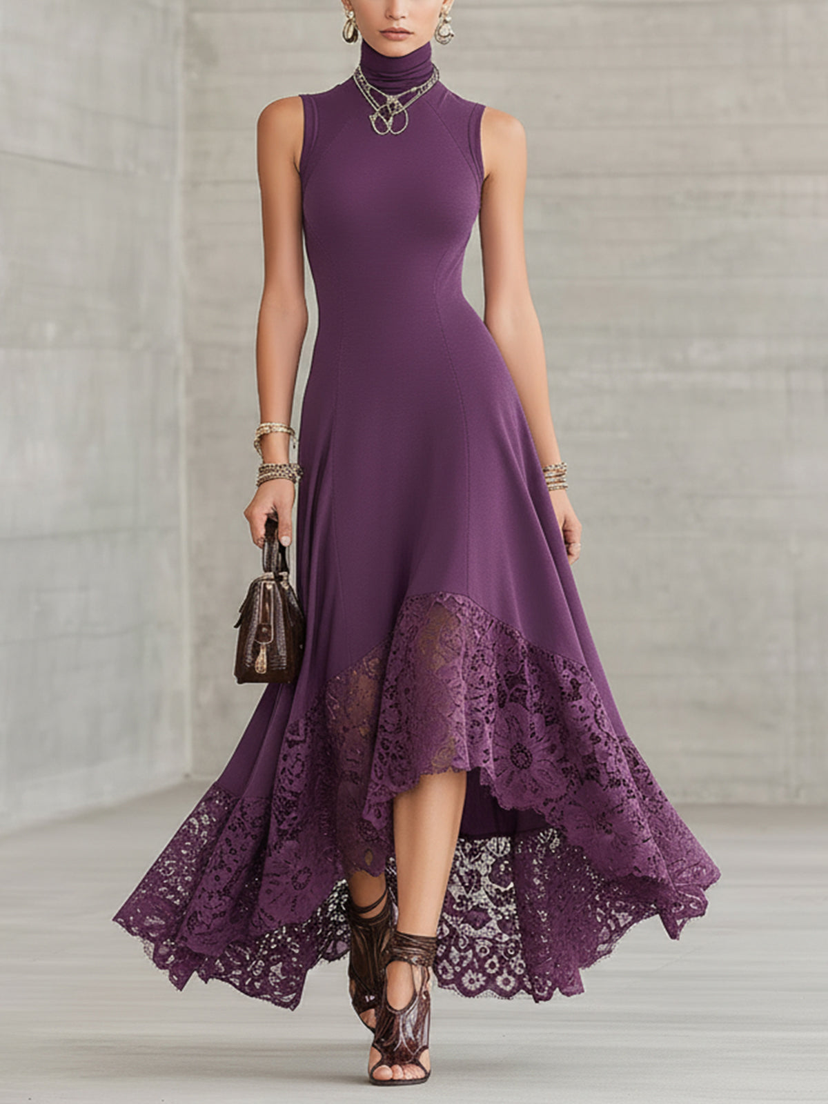 Purple Lace High-Low Sleeveless Turtleneck Maxi Dress